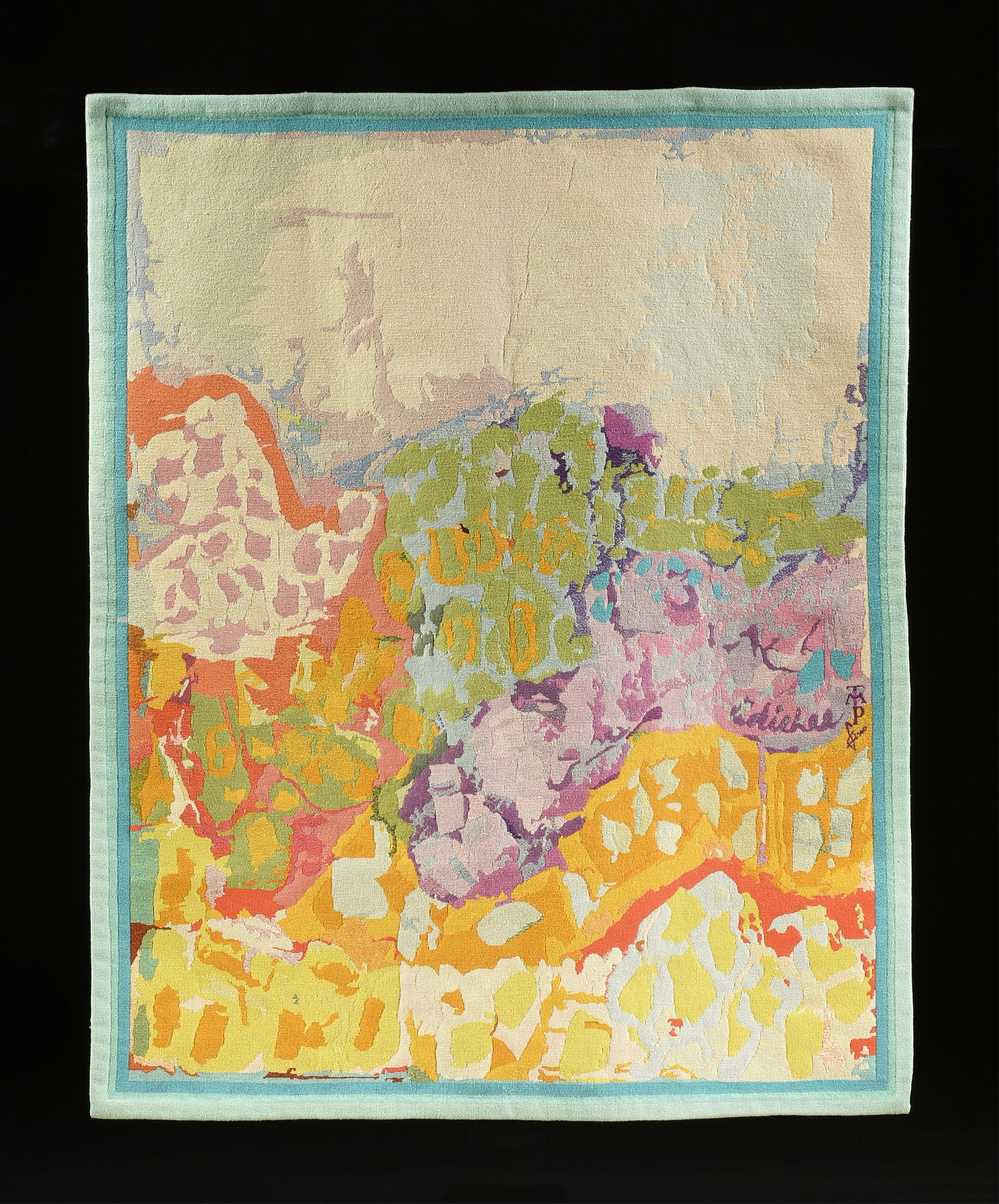 DAVID ADICKES (American/Texas b. 1927) A TAPESTRY, "Pasture," 20TH CENTURY: DAVID ADICKES (American/Texas b. 1927) A TAPESTRY, "Pasture," 20TH CENTURY, wool tapestry, signed, "Adickes," with manufacturer's mark, "Fino TMP," in the tapestry, with a label affixed on the reverse