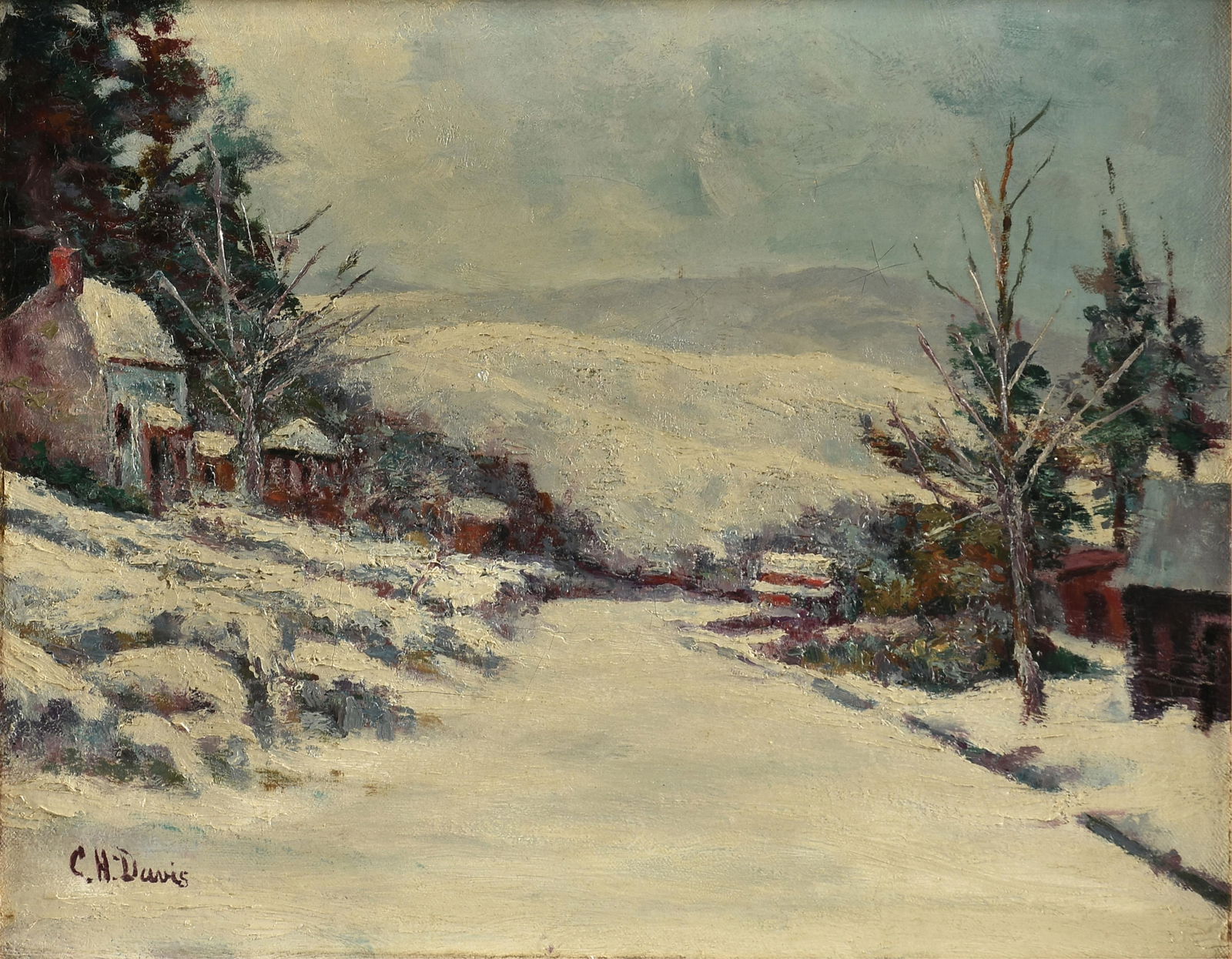 CHARLES HAROLD DAVIS (American 1856-1933) A PAINTING, "New England Town in Winter," 19TH/20TH: CHARLES HAROLD DAVIS (American 1856-1933) A PAINTING, "New England Town in Winter," 19TH/20TH CENTURY, oil on canvas, signed L/L, "C.H. Davis;" 12" x 15", framed 18" x 21 1/4". Provenance: Collection