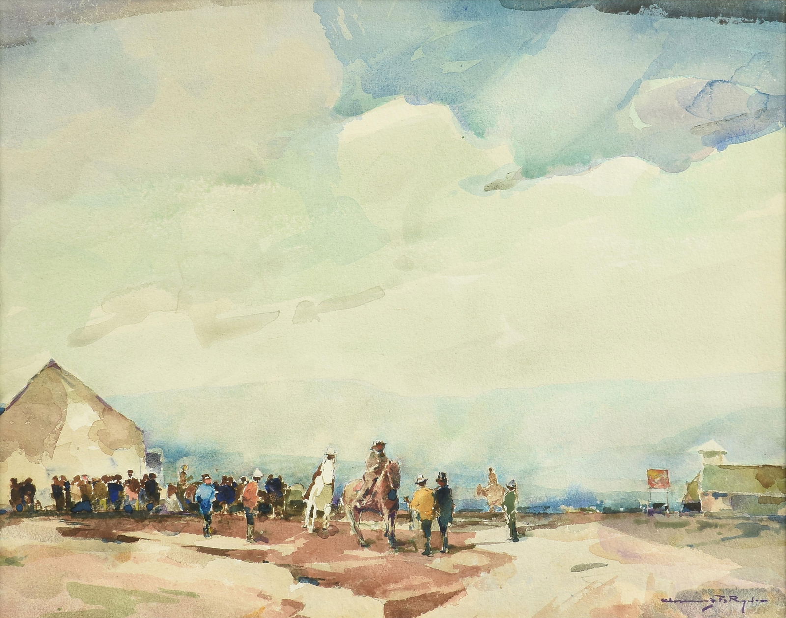 CHAUNCEY FOSTER RYDER (American 1868-1949) A PAINTING, "Horse Auction," 20TH CENTURY: CHAUNCEY FOSTER RYDER (American 1868-1949) A PAINTING, "Horse Auction," 20TH CENTURY, watercolor on paper, signed L/R, "Chauncey F. Ryder;" 15" x 19", framed 25 1/2" x 29 1/2". Provenance: Collection