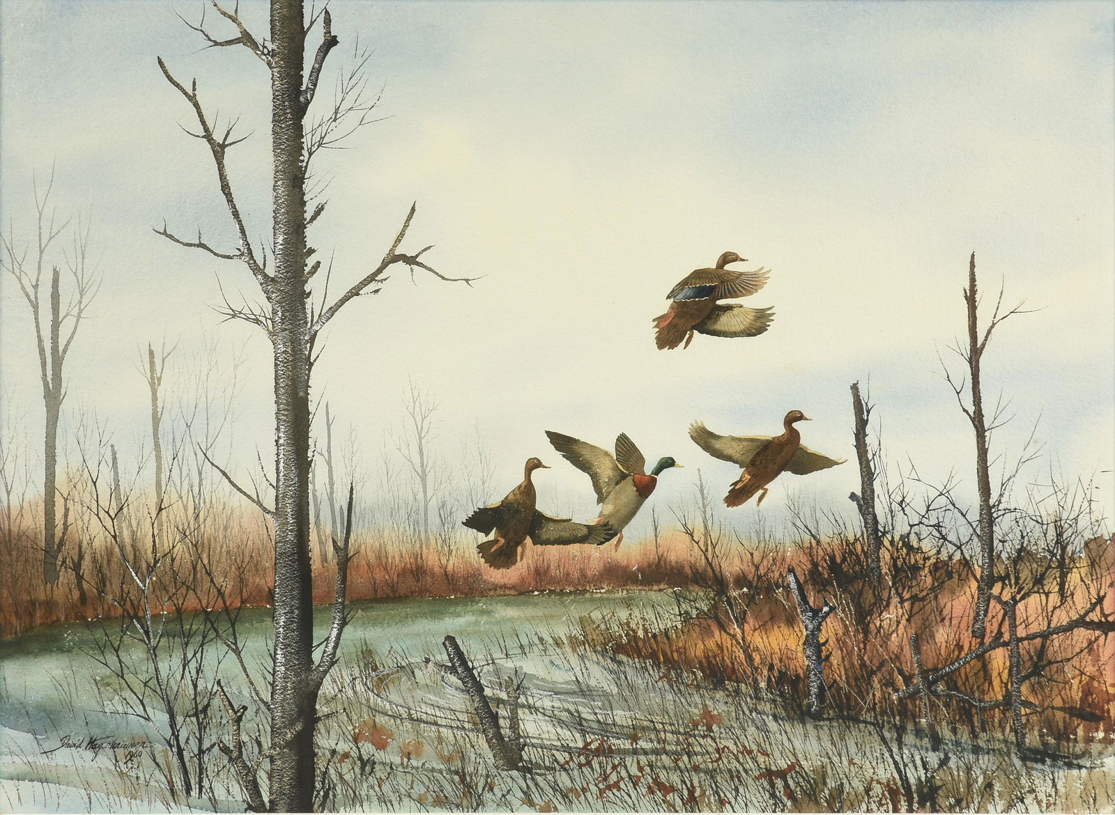 DAVID HAGERBAUMER (American 1921-2014) A PAINTING, "Ducks Taking Off from a Marsh," 1960 (1 of 16)