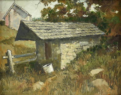 ERIC SLOANE (American 1905-1985) A PAINTING, "The Old Spring House," 1981: ERIC SLOANE (American 1905-1985) A PAINTING, "The Old Spring House," 1981, oil on board, signed L/L, "Eric Sloane NA," titled, signed, and dated on reverse, with labels from Fenn Galleries, Ltd., Sant