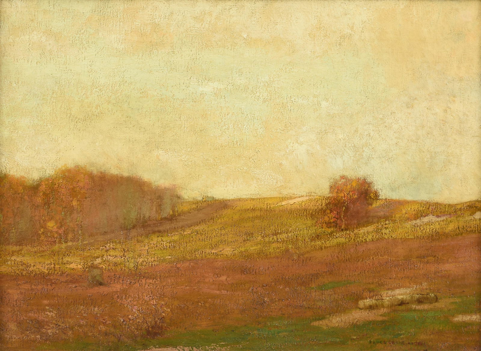 BRUCE CRANE (American 1857-1937) A PAINTING, "Golden Fields," 1908: BRUCE CRANE (American 1857-1937) A PAINTING, "Golden Fields," 1908, oil on canvas, signed and dated L/R, "Bruce Crane NA 1908;" 22" x 30", framed 26 1/4" x 34 1/4". Provenance: Collection of Sylvia an