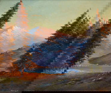 ROBERT WILLIAM WOOD (American/Texas 1889-1979) A PAINTING, "Mt. Ranier," 20TH CENTURY: ROBERT WILLIAM WOOD (American/Texas 1889-1979) A PAINTING, "Mt. Ranier," 20TH CENTURY, oil on canvas, signed L/R, "Robt. Wood;" 25" x 30", framed 30 1/2" x 35 1/2". Provenance: Collection of Lana and