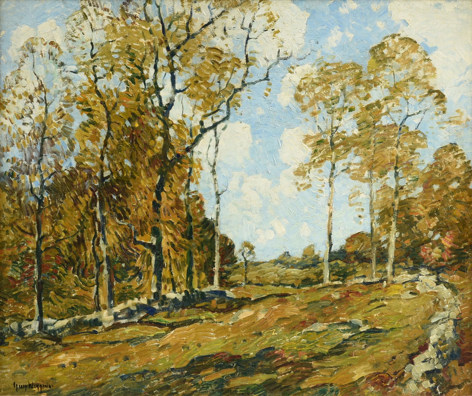 GUY CARLETON WIGGINS (American 1883-1962) A PAINTING, "Autumnal Sunlight," 20TH CENTURY: GUY CARLETON WIGGINS (American 1883-1962) A PAINTING, "Autumnal Sunlight," 20TH CENTURY, oil on canvas, signed L/L, "Guy Wiggins," also titled and signed on reverse, "Autumnal Sunlight / Guy Wiggins;"