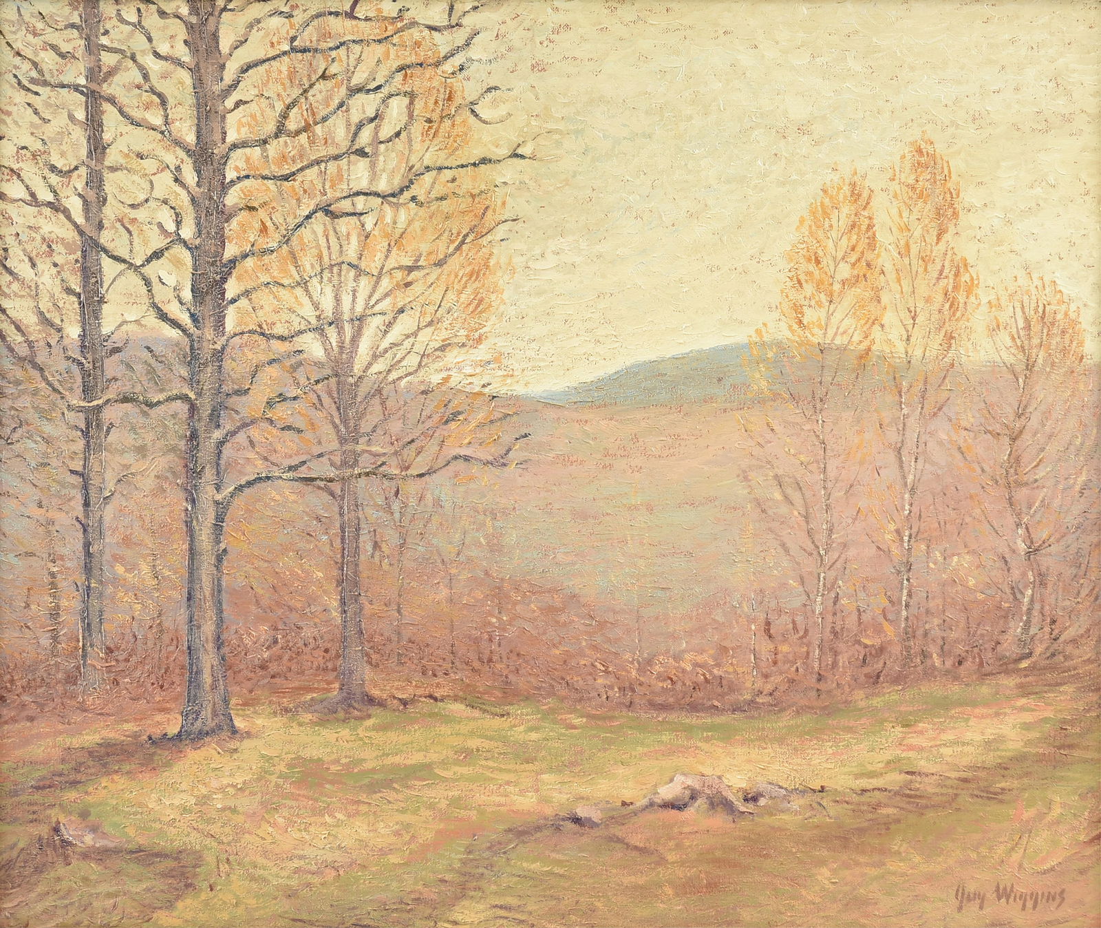 GUY CARLETON WIGGINS (American 1883-1962) A PAINTING, "November on the Hills," 1919: GUY CARLETON WIGGINS (American 1883-1962) A PAINTING, "November on the Hills," 1919, oil on canvas, signed L/R, "Guy Wiggins," also titled, signed, and dated on reverse, "November on the Hills / Guy W
