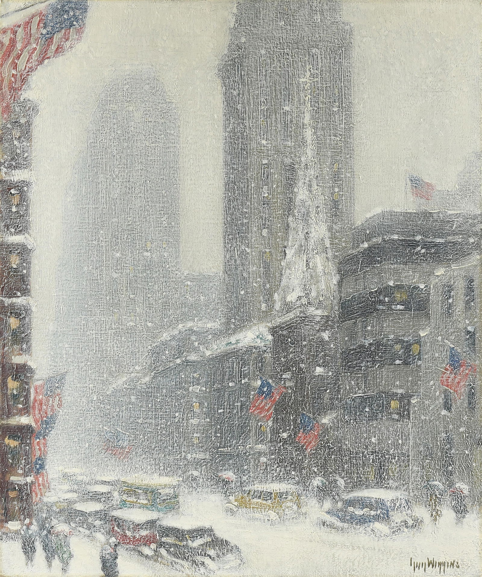 GUY CARLETON WIGGINS (American 1883-1962) A PAINTING, "Midtown Winter," 1937: GUY CARLETON WIGGINS (American 1883-1962) A PAINTING, "Midtown Winter," 1937, oil on canvas, signed L/R, "Guy Wiggins," also titled, signed, and dated on reverse, "Midtown, Winter / Guy Wiggins NA / 1