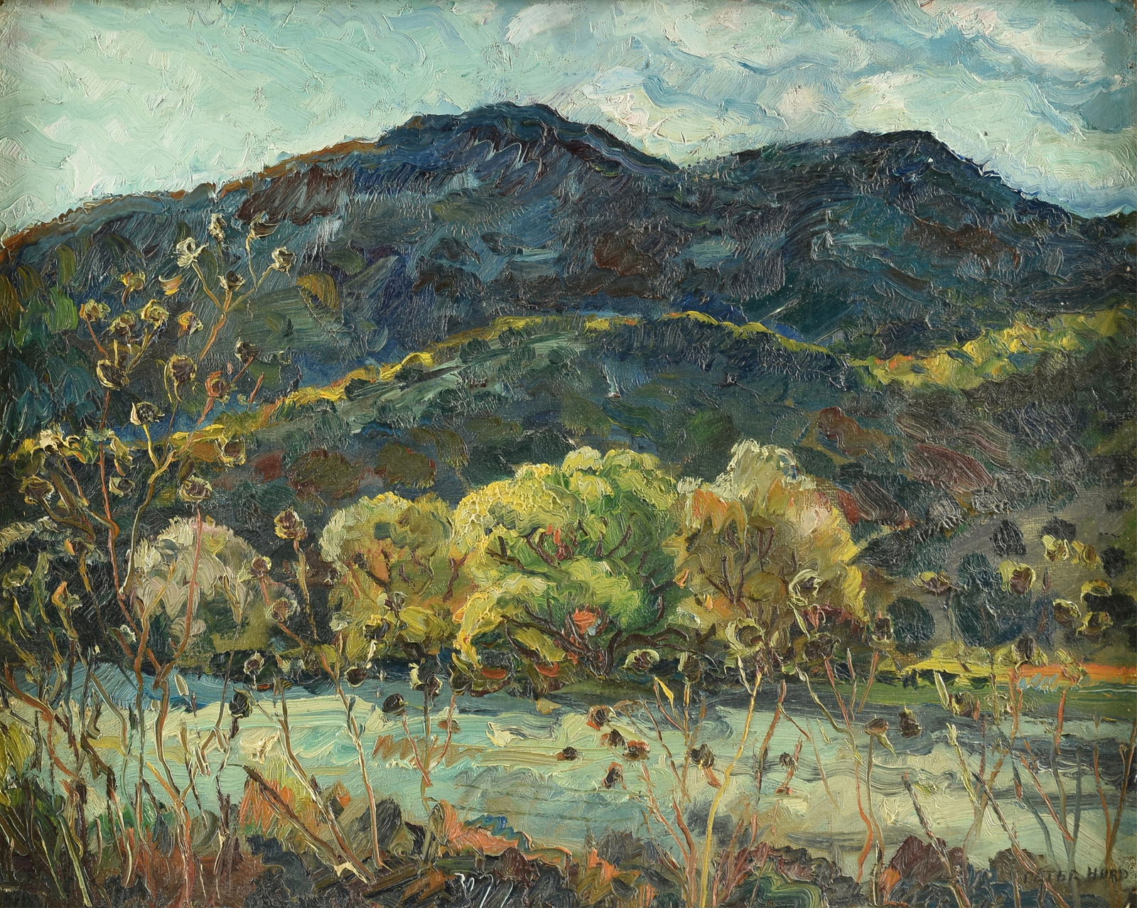 PETER HURD (American 1904-1984) A PAINTING, "Taos Landscape," 20TH CENTURY: PETER HURD (American 1904-1984) A PAINTING, "Taos Landscape," 20TH CENTURY, oil on canvas, signed L/R, "Peter Hurd;" 16" x 19 1/2", framed 22" x 26". Provenance: Collection of Sylvia and Saverio Giamm