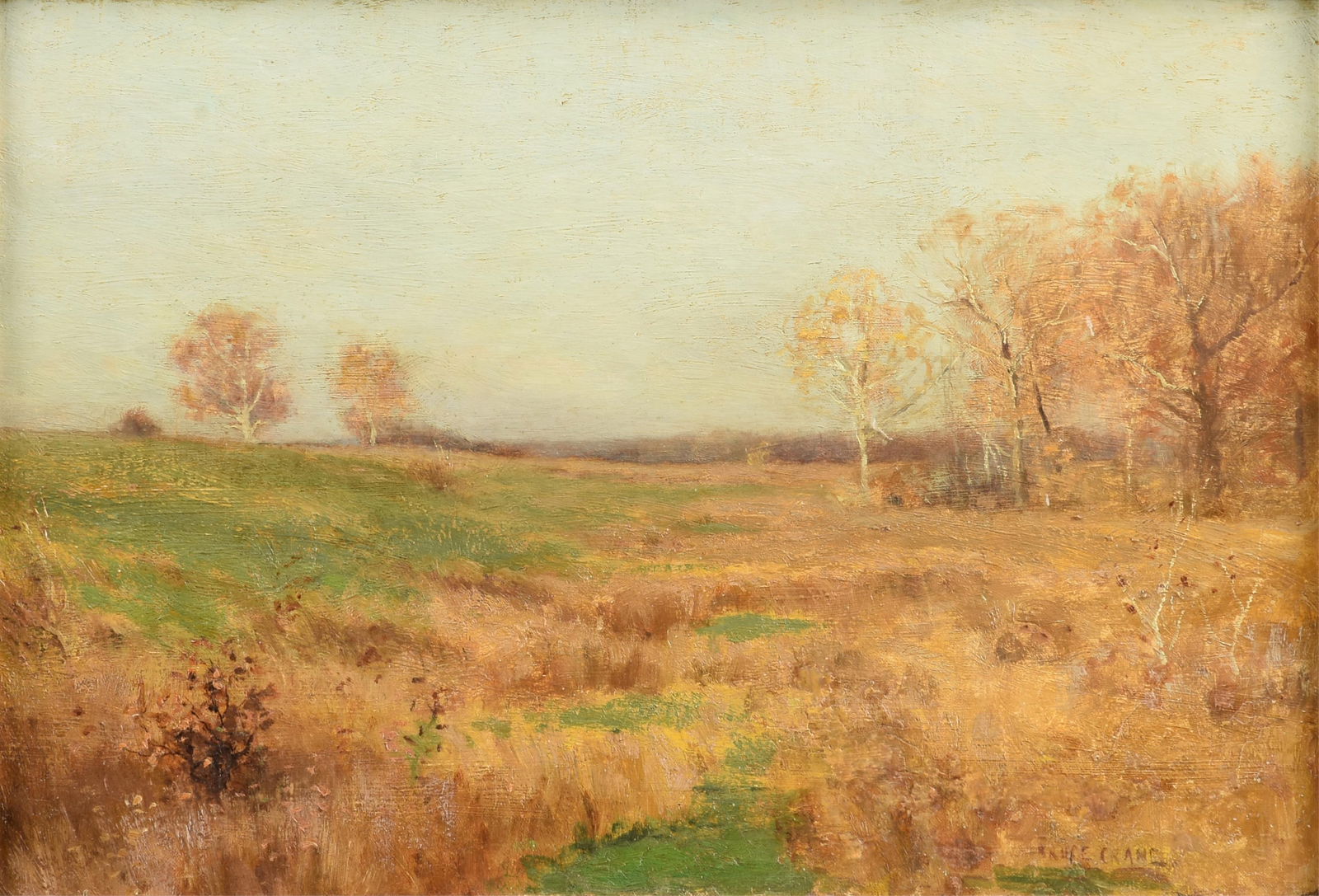 BRUCE CRANE (American 1857-1937) A PAINTING, "Autumn Landscape," 19TH/20TH CENTURY: BRUCE CRANE (American 1857-1937) A PAINTING, "Autumn Landscape," 19TH/20TH CENTURY, oil on canvas, signed L/R, "Bruce Crane;" 16" x 24", framed 24" x 31 1/2". Provenance: Collection of Mark A. Chapman