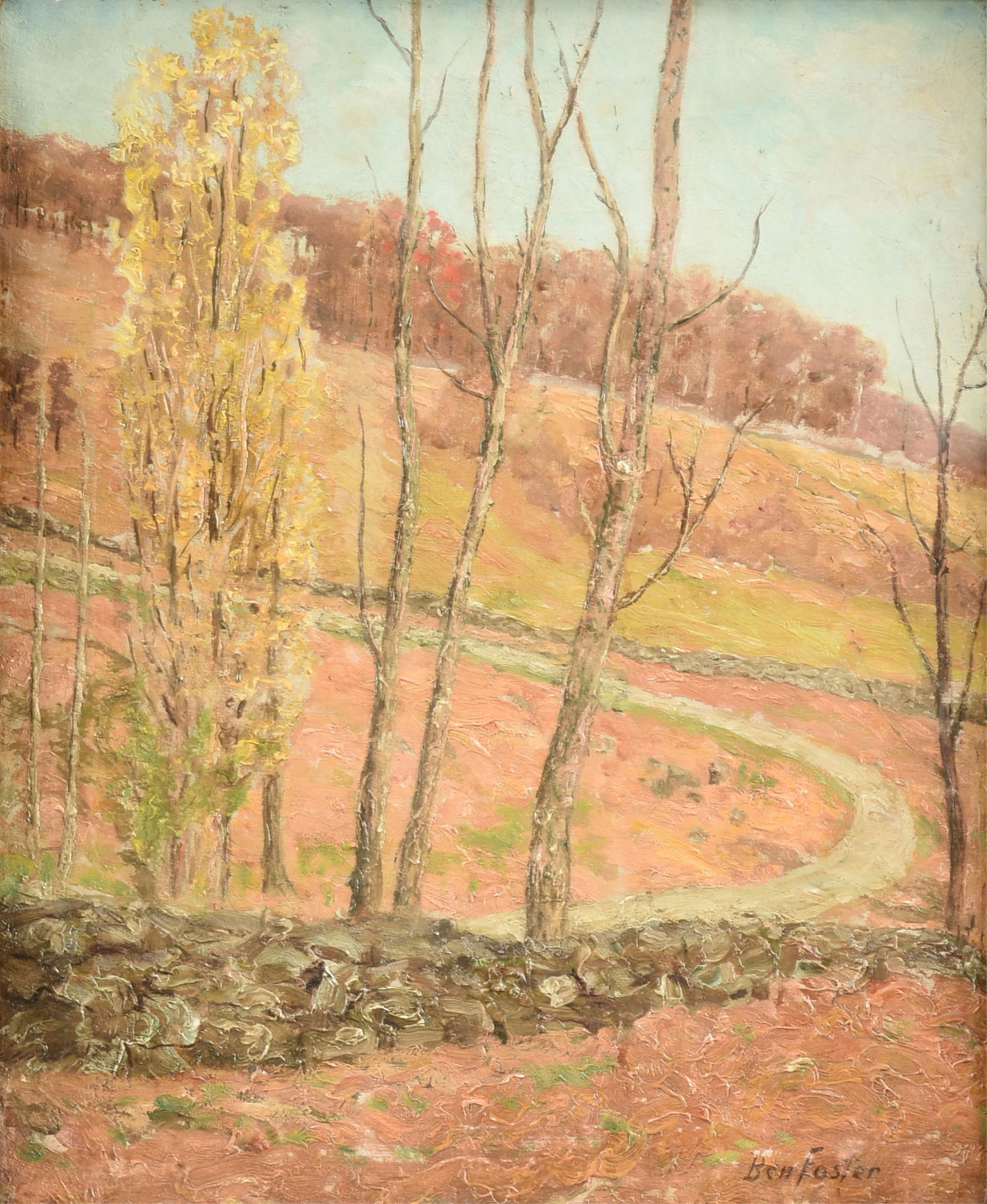 BEN FOSTER (American 1852-1926) A PAINTING, "Road to the Shore," EARLY 20TH CENTURY: BEN FOSTER (American 1852-1926) A PAINTING, "Road to the Shore," EARLY 20TH CENTURY, oil on canvas, signed L/R, "Ben Foster," inscribed in pencil on the stretcher, "Road to the Shore / $450.00 / Ben F