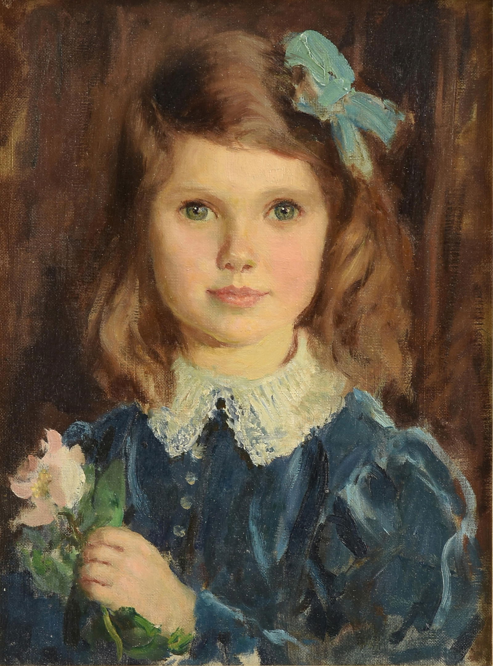 EDWARD BARNARD LINTOTT (American 1875-1951) A PAINTING, "Irene in Blue," 20TH CENTURY: EDWARD BARNARD LINTOTT (American 1875-1951) A PAINTING, "Irene in Blue," 20TH CENTURY, oil on canvas board, marked on reverse in pencil, "Irene in Blue by Lintott;" 16" x 12", framed 24 1/4" x 20 1/4"