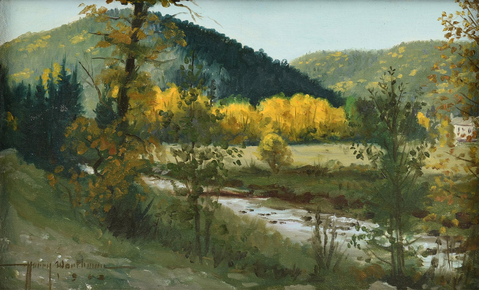 HARRY WORTHMAN (American/Texas 1909-1989) A PAINTING, "Aspen Trees," 1963: HARRY WORTHMAN (American/Texas 1909-1989) A PAINTING, "Aspen Trees," 1963, oil on board, signed and dated L/L, "Harry Worthman / 1963;" 9 3/4" x 16", framed 13 3/4" x 20". Provenance: Collection of Sy