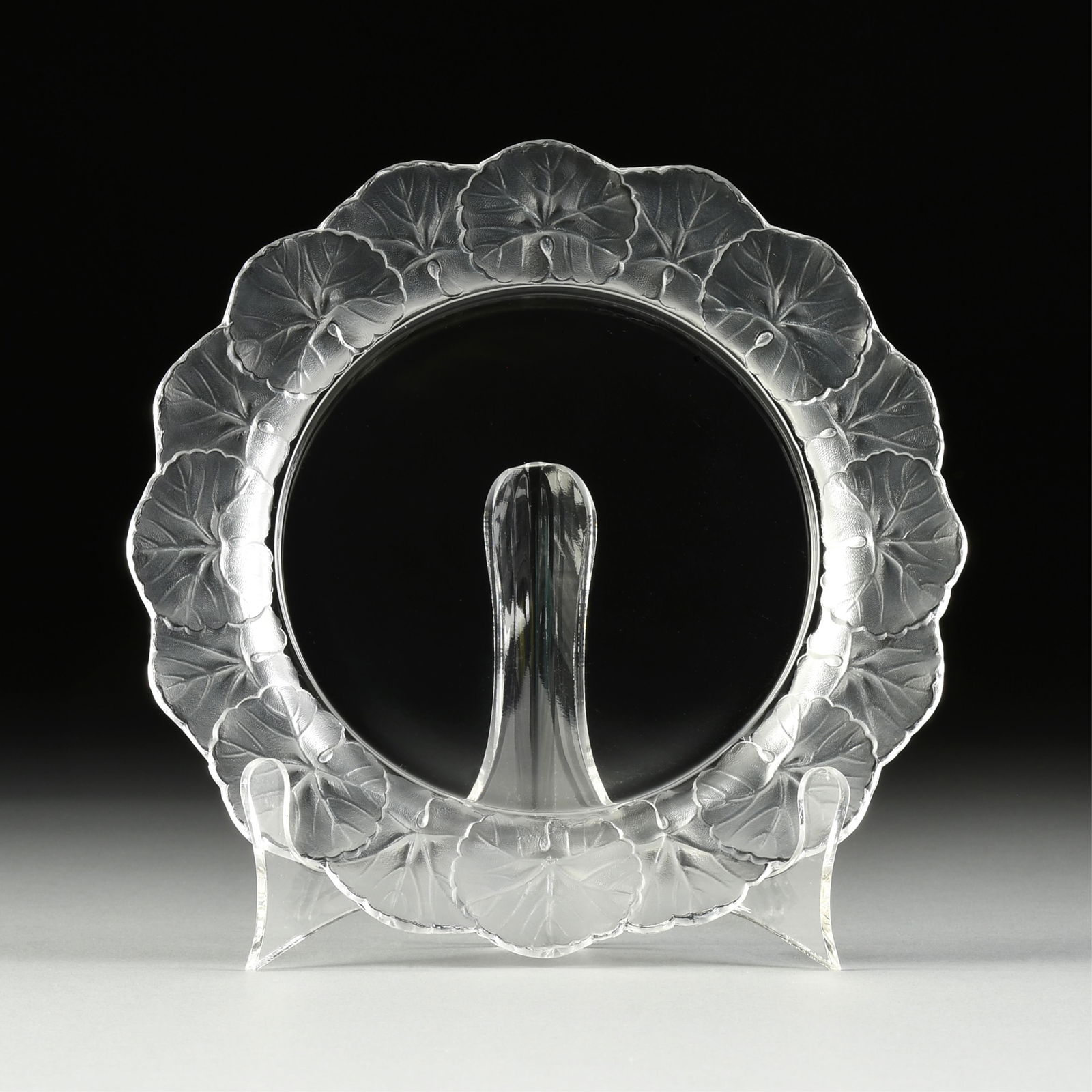 SIX LALIQUE "HONFLEUR" PATTERN CRYSTAL DESSERT PLATES AND ONE SAUCER, SIGNED, FRENCH, 1945-1960s (1 of 4)