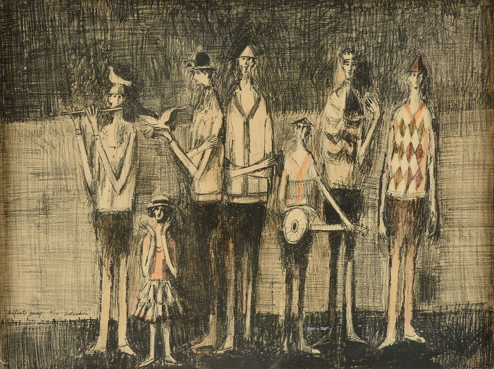 DAVID ADICKES (American/Texas b. 1927) A PRINT, "Group of Musicians," 20TH CENTURY: DAVID ADICKES (American/Texas b. 1927) A PRINT, "Group of Musicians," 20TH CENTURY, lithograph in colors on paper, numbered and signed L/L, "artist's proof 5/10 Adickes," reverse with a label from Jam