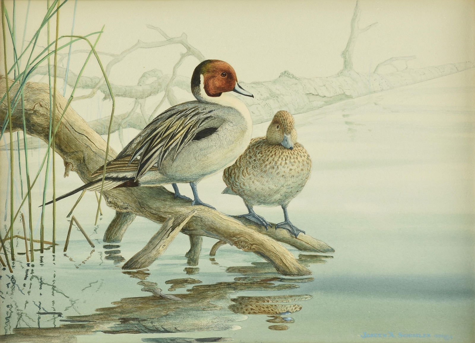 JANEEN SCHISSLER (American) TWO PAINTINGS, "Ducks at the Edge of a Marsh," 1992 (1 of 16)