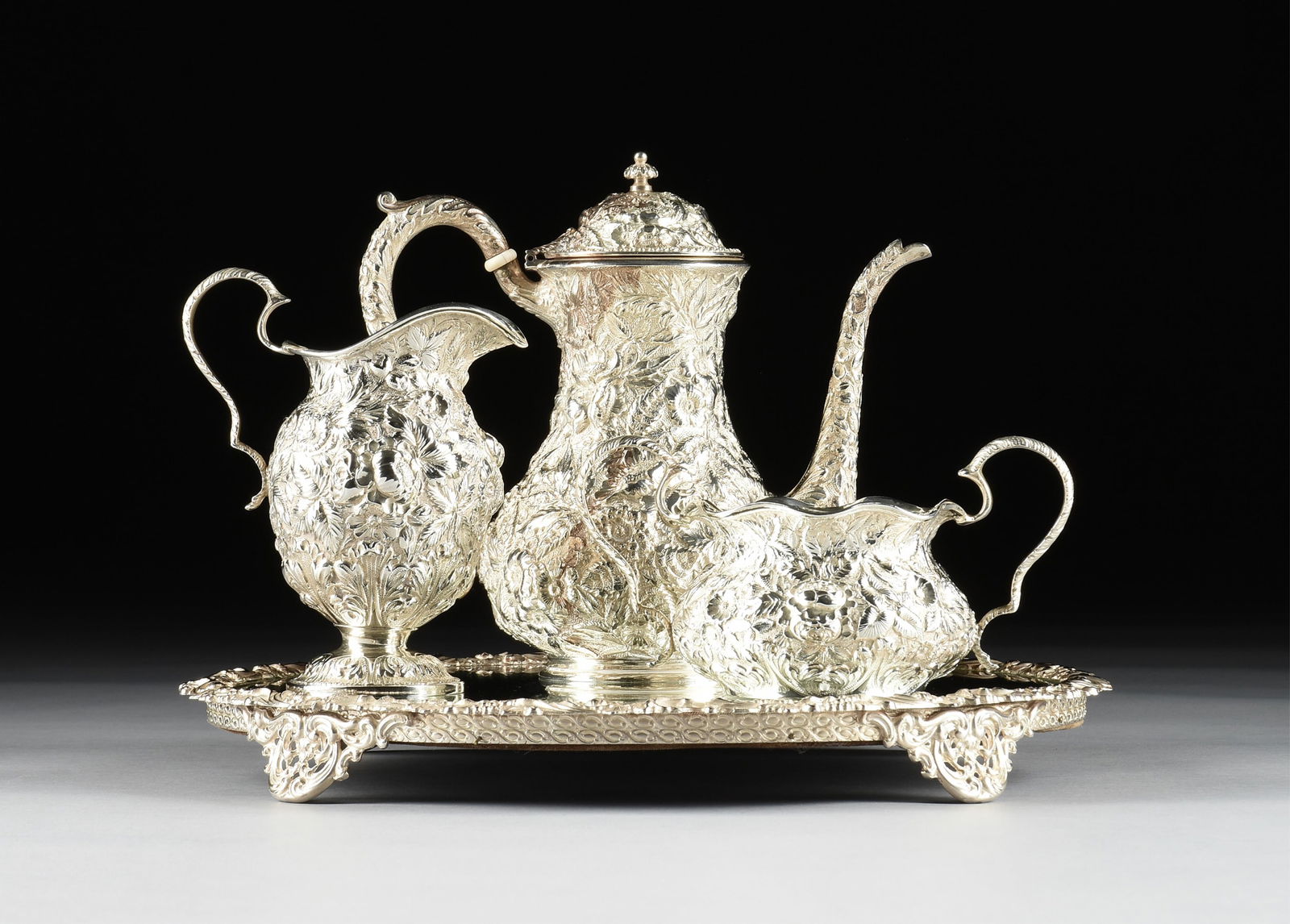 AN A. JACOBI & CO. FOUR PIECE REPOUSSÉ STERLING SILVER COFFEE SERVICE, BALTIMORE, MARYLAND, (1 of 19)