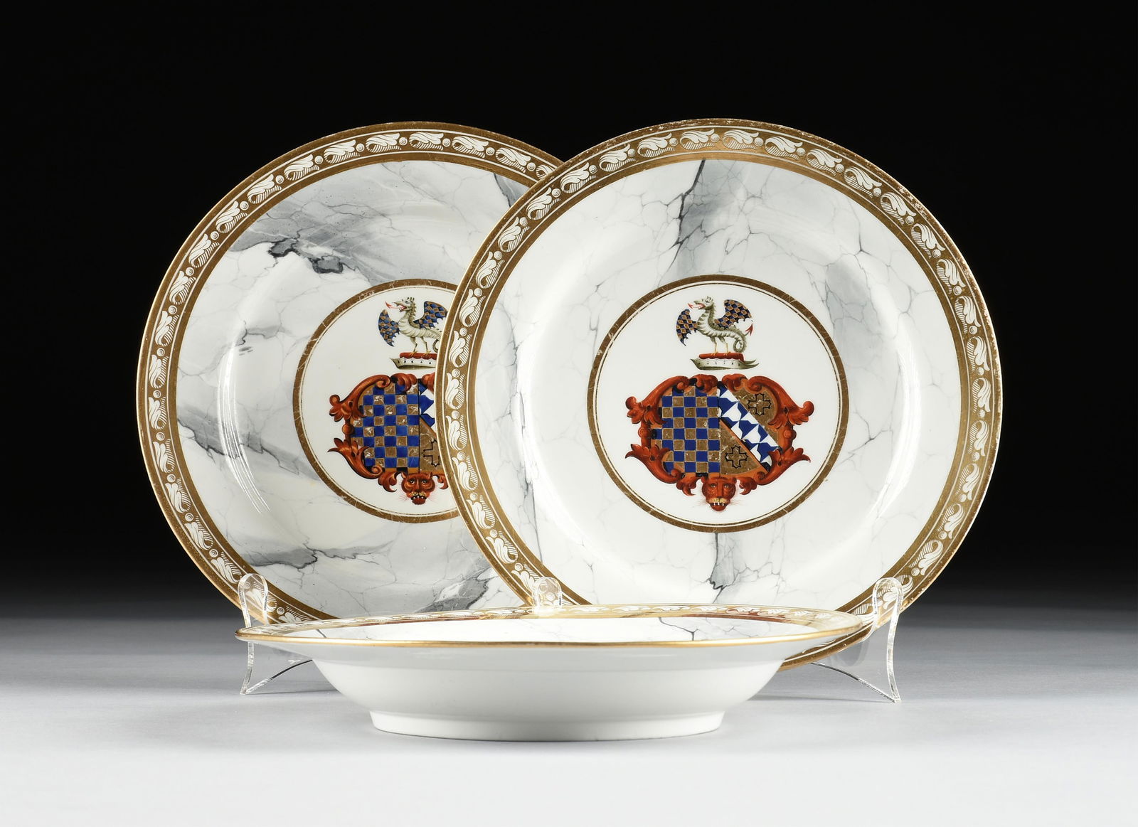 TWO BARR FLIGHT & BARR ROYAL PORCELAIN ARMORIAL FAUX-MARBLE PLATES AND A SOUP BOWL, WORCESTER, (1 of 11)