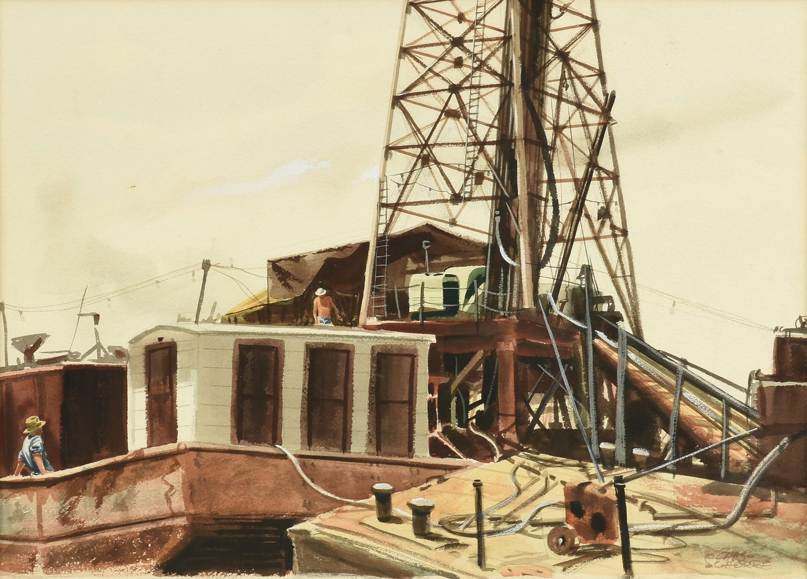CHARLES SCHORRE (American/Texas 1925-1996) A PAINTING, "Working the Rig," 20TH CENTURY (1 of 14)