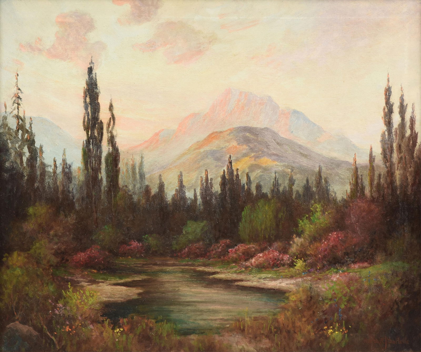 HERBERT SARTELLE (American 1885-1955) A PAINTING, "Mountainous Landscape," 20TH CENTURY: HERBERT SARTELLE (American 1885-1955) A PAINTING, "Mountainous Landscape," 20TH CENTURY, oil on canvas, signed L/R, "Herbert Sartelle;" 25" x 30", framed 30 1/2" x 35 1/2".