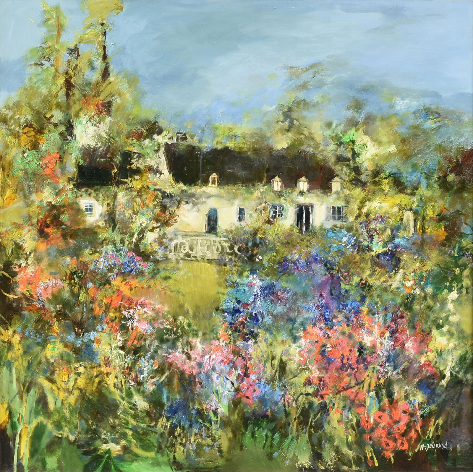 MONIQUE JOURNOD (French 1935-2024) A PAINTING, "La Maison de Peintre," 20TH /21ST CENTURY: MONIQUE JOURNOD (French 1935-2024) A PAINTING, "La Maison de Peintre," 20TH /21ST CENTURY, oil on canvas, signed L/R, "M. Journod," also signed on reverse; 35" x 35", framed 43" x 43". Provenance: Pri