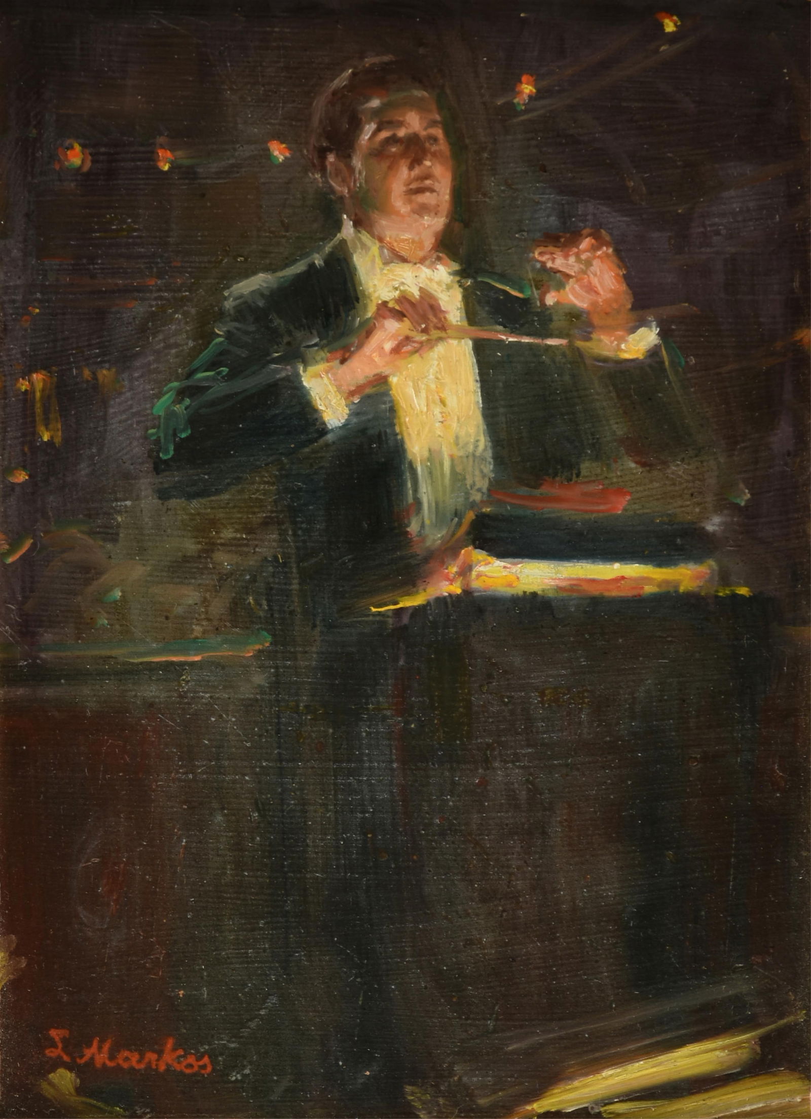 LAJOS MARKOS (American/Texas 1917-1993) A PAINTING, "The Conductor," 20TH CENTURY: LAJOS MARKOS (American/Texas 1917-1993) A PAINTING, "The Conductor," 20TH CENTURY, oil on board, signed L/R, "L Markos;" 8" x 6 1/2", framed 13 3/4" x 11 3/4". Provenance: Collection of Sylvia and Sav