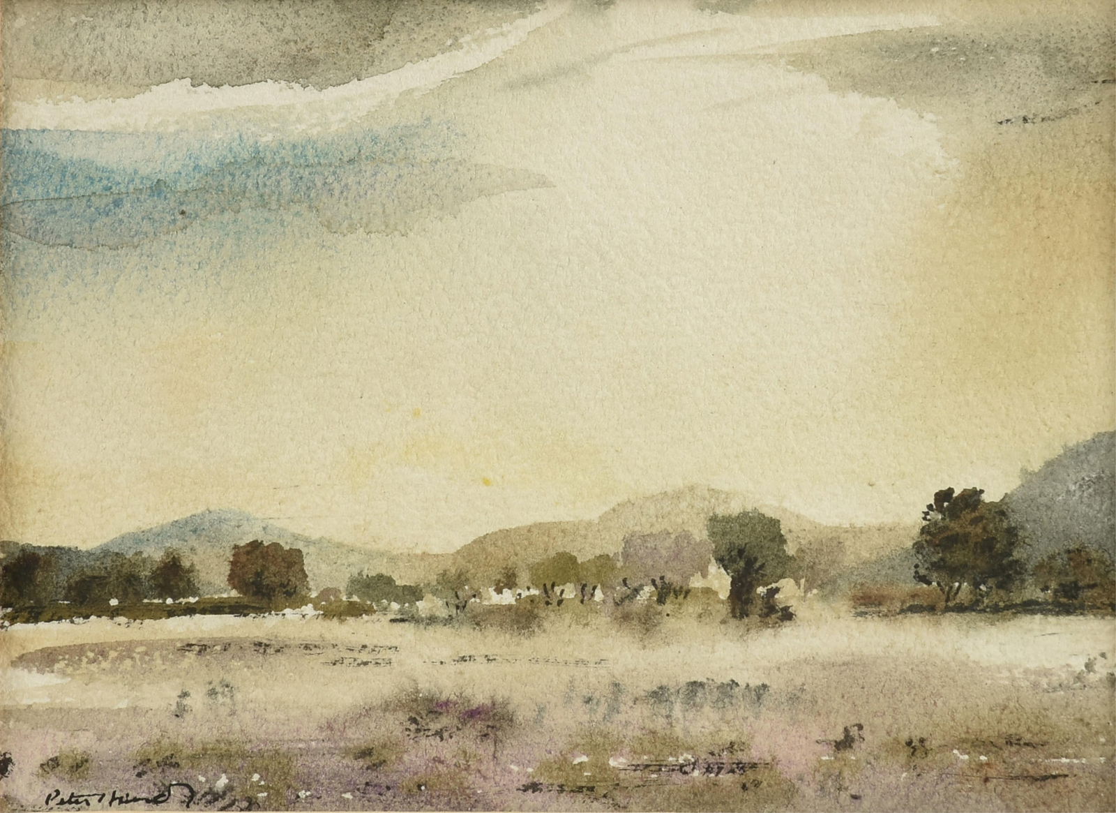 PETER HURD (American 1904-1984) A PAINTING, "Western Landscape," 20TH CENTURY: PETER HURD (American 1904-1984) A PAINTING, "Western Landscape," 20TH CENTURY, watercolor on paper, signed L/L, "Peter Hurd;" 5" x 7", framed 10 1/2" x 12 1/2". Provenance: Collection of Sylvia and Sa