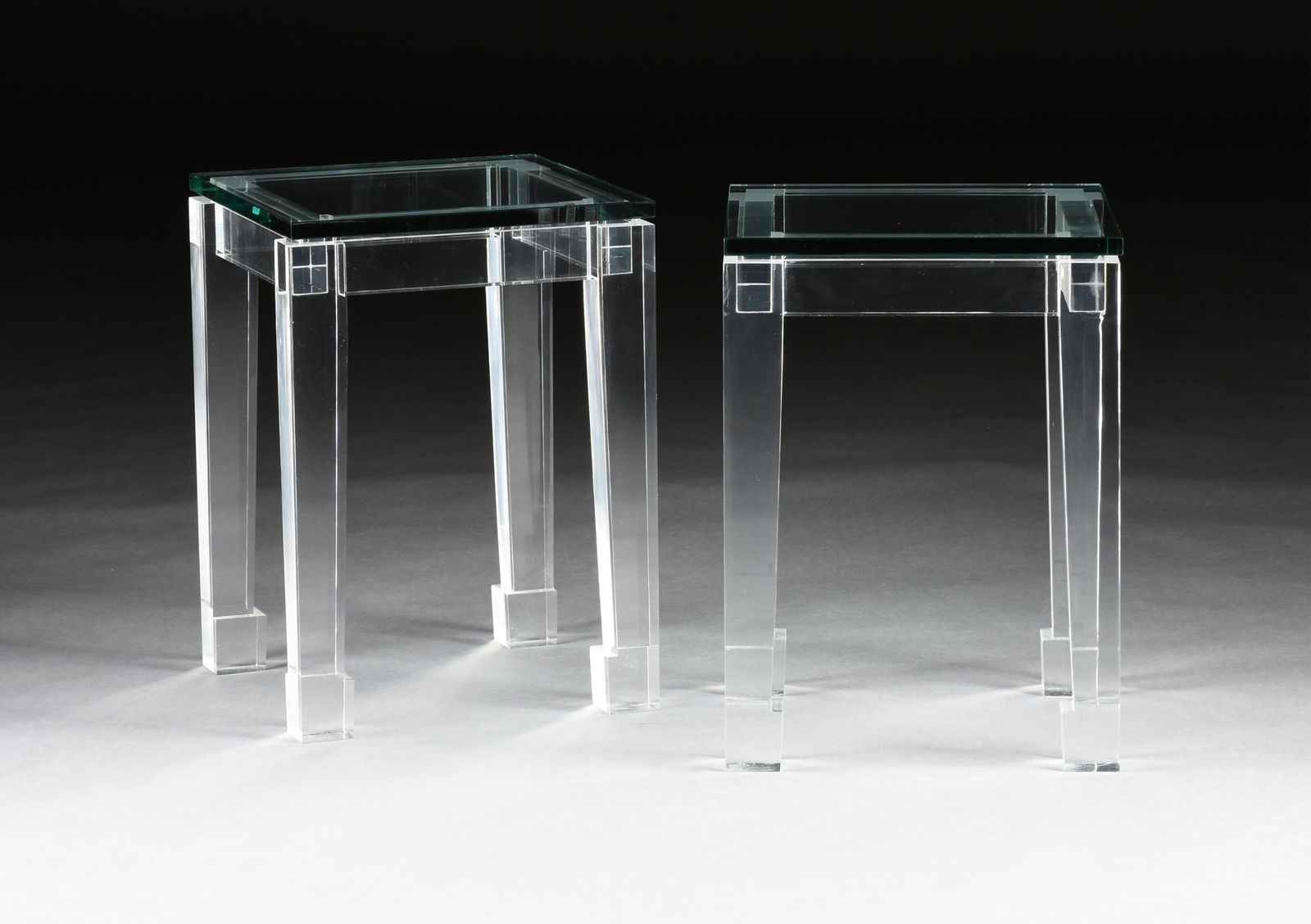 A PAIR OF ACRYLIC AND GLASS SIDE TABLES, LATE 20TH CENTURY, a pair of side tables with clear acrylic (1 of 6)