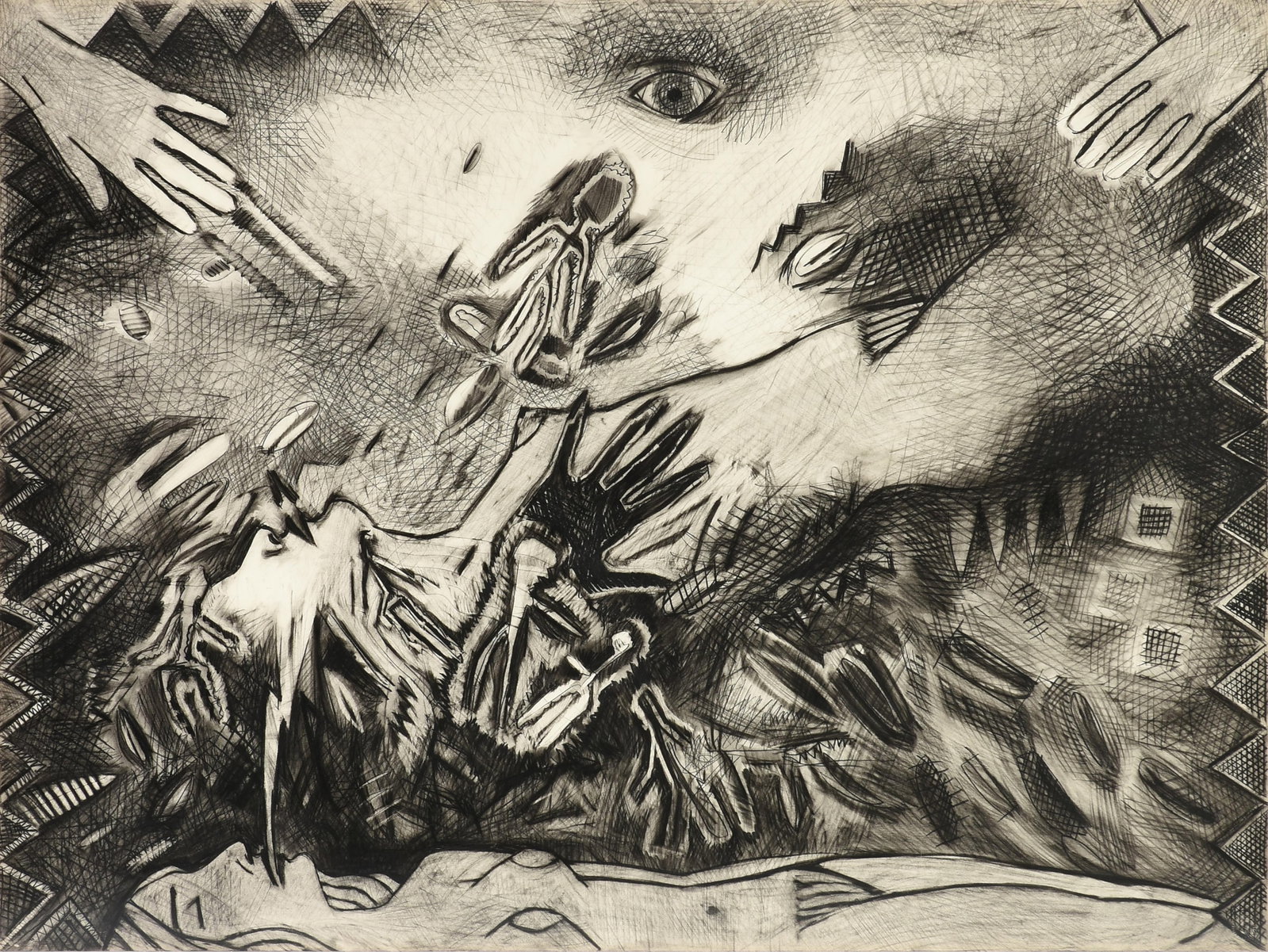 KARIN BROKER (American/Texas b. 1950) “Dreaming of X #1,” 1981, conté crayon on: KARIN BROKER (American/Texas b. 1950) “Dreaming of X #1,” 1981, conté crayon on paper, with a label on reverse from Gerhard Wurzer Gallery, Houston, Texas. 30" x 40" Frame: 32 1/4" x 