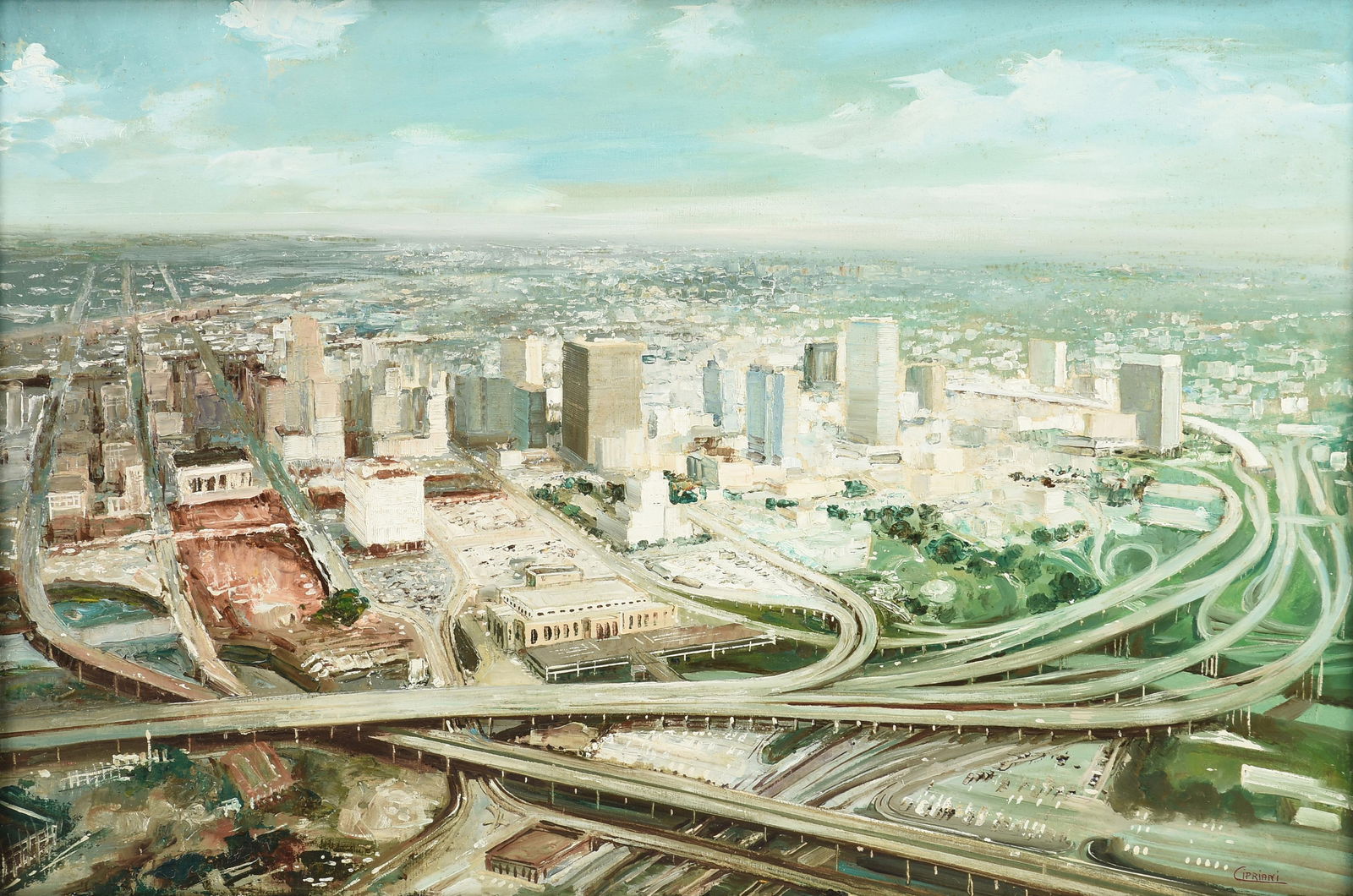 INEZ CIPRIANI (American 1909-1998) "Downtown Houston with Freeways," 20TH CENTURY, oil on canvas,: INEZ CIPRIANI (American 1909-1998) "Downtown Houston with Freeways," 20TH CENTURY, oil on canvas, signed L/R, "Cipriani." 23 1/2" x 35 3/4" Frame: 26 1/2" x 38 1/2" Provenance: Private Collection, Dal