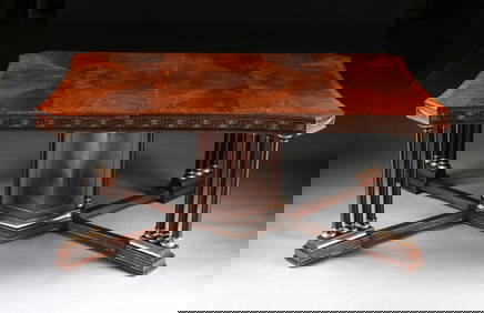AN EMPIRE STYLE MAHOGANY DINING TABLE, AMERICAN, CIRCA 1920s, with flame mahogany, the scalloped top (1 of 10)