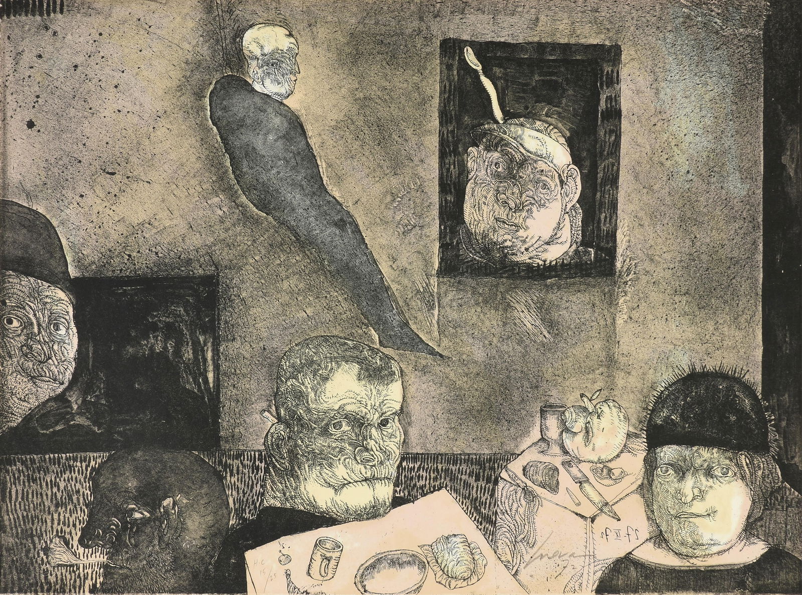 JOSE LUIS CUEVAS (Mexican 1934-2017) "The Poet in the Dining Room," 1972, lithograph on paper, (1 of 16)