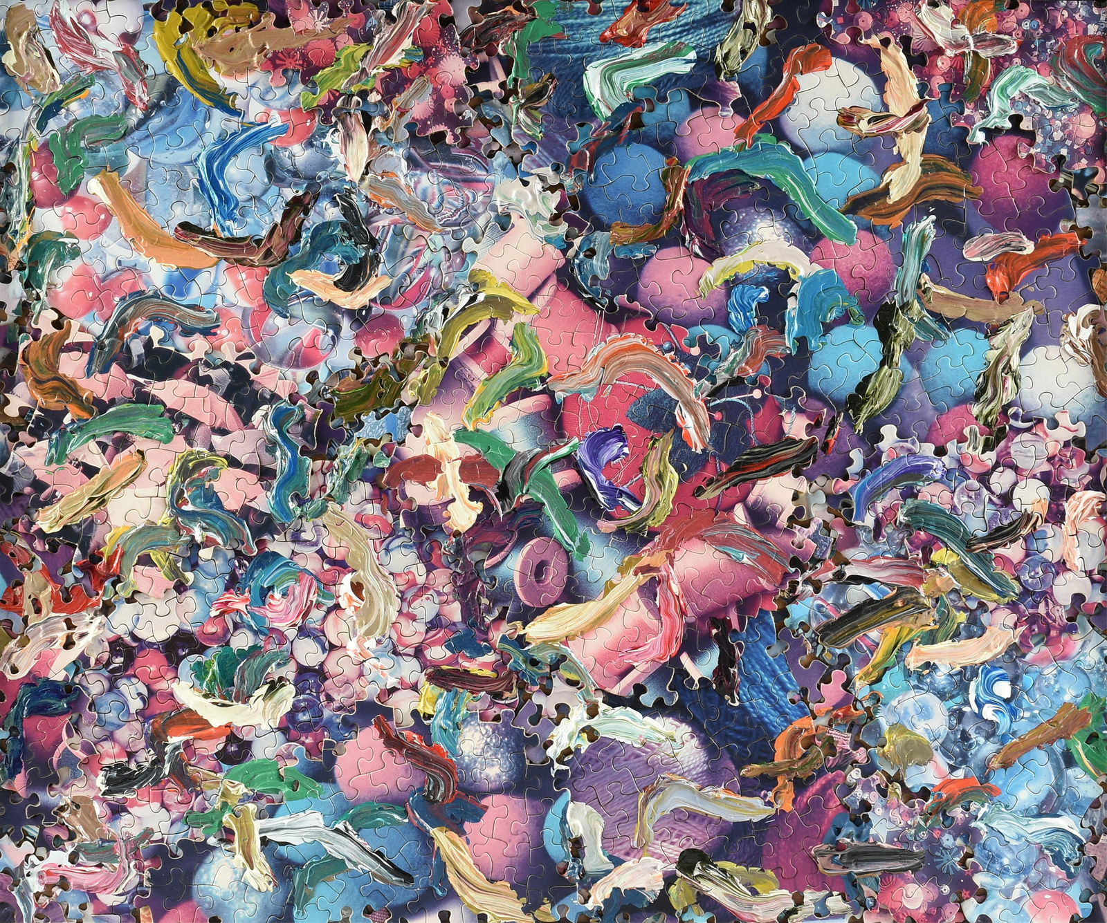 AL SOUZA (American/Texas b. 1944) “Baubles Redux,” 2007, puzzle pieces, paint, and glue: AL SOUZA (American/Texas b. 1944) “Baubles Redux,” 2007, puzzle pieces, paint, and glue on wood panel, titled, dated, and signed on back, "BAUBLES REDUX / 2007 / AL SOUZA," top is marked w