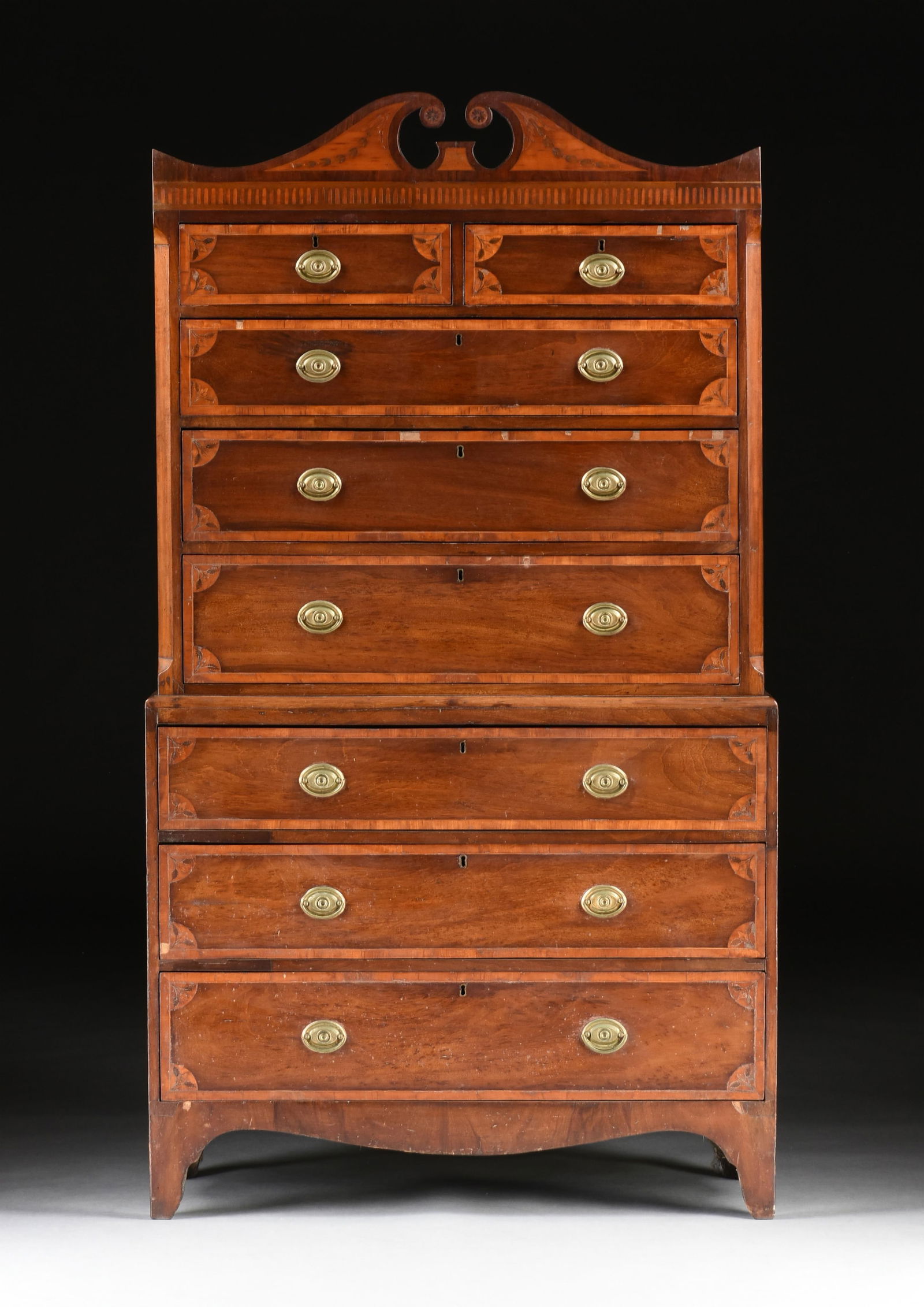 A HEPPLEWHITE STYLE CHEST ON CHEST, PROBABLY AMERICAN, 19TH CENTURY, mahogany with decorative inlays (1 of 13)