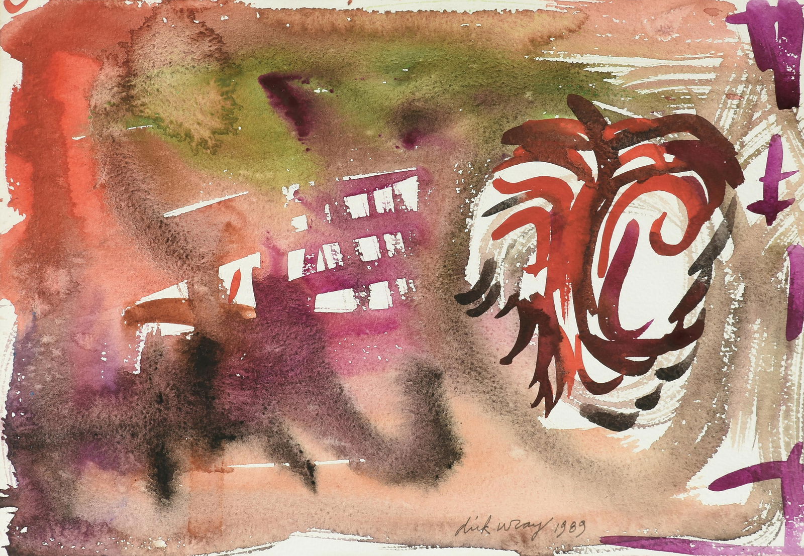 DICK WRAY (American/Texas 1933-2011) "Untitled with Reds and Purples," 1989, watercolor on paper,: DICK WRAY (American/Texas 1933-2011) "Untitled with Reds and Purples," 1989, watercolor on paper, signed and dated L/R, "dick wray 1989." 9 3/4" x 14" Frame: 18" x 22 1/4" Provenance: Private Collecti