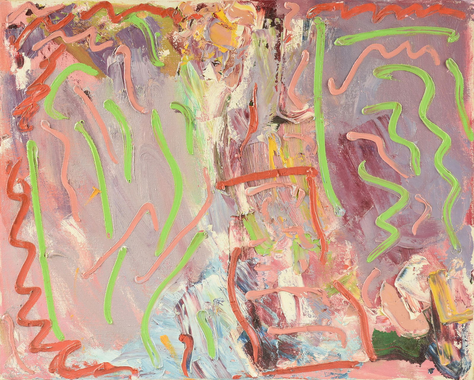 DICK WRAY (American/Texas 1933-2011) "Untitled with Lines in Pink, Green, and Red," 1976, oil on: DICK WRAY (American/Texas 1933-2011) "Untitled with Lines in Pink, Green, and Red," 1976, oil on canvas, signed and dated on reverse, "dick wray / 1976." 16" x 20" Frame: 17" x 21"