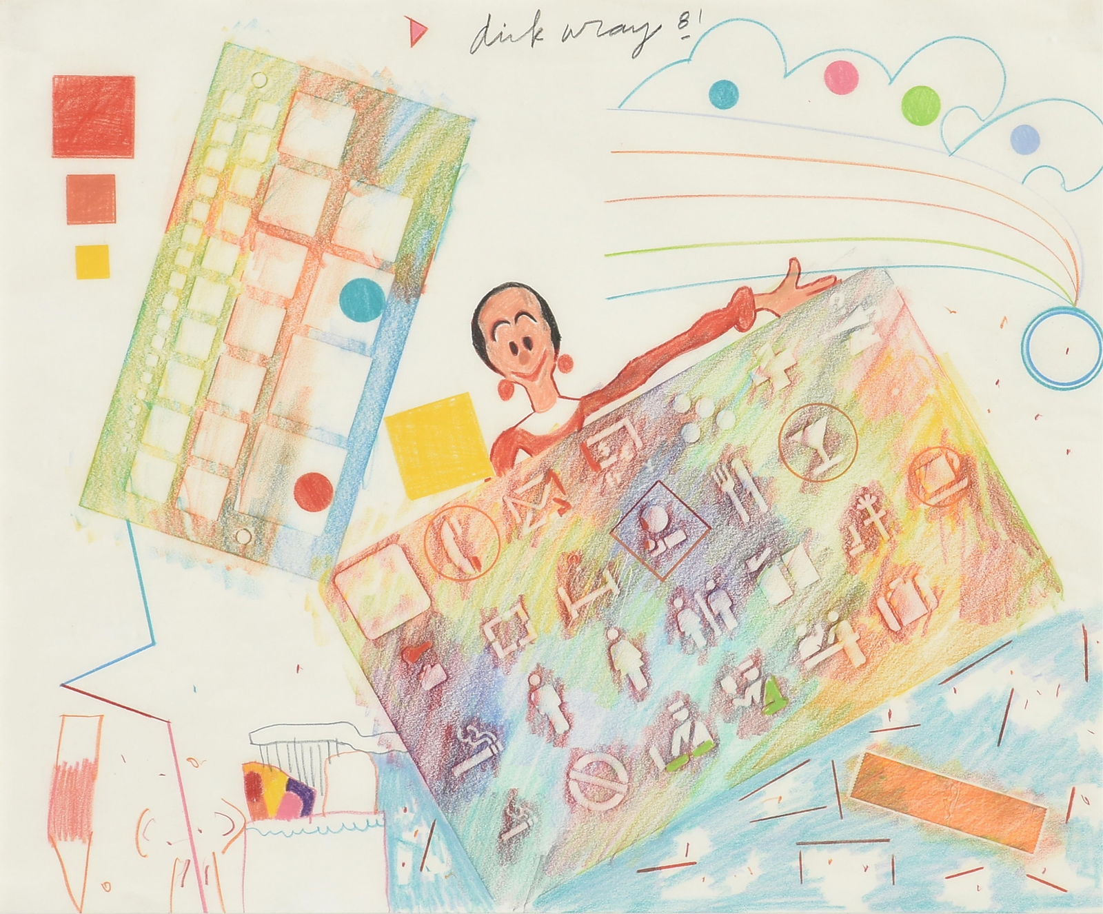 DICK WRAY (American/Texas 1933-2011) “Woman and Stencils,” 1981, colored pencil on: DICK WRAY (American/Texas 1933-2011) “Woman and Stencils,” 1981, colored pencil on paper, signed and dated U/C, "dick wray 81," with a label on reverse from Moody Gallery, Houston, Texas.