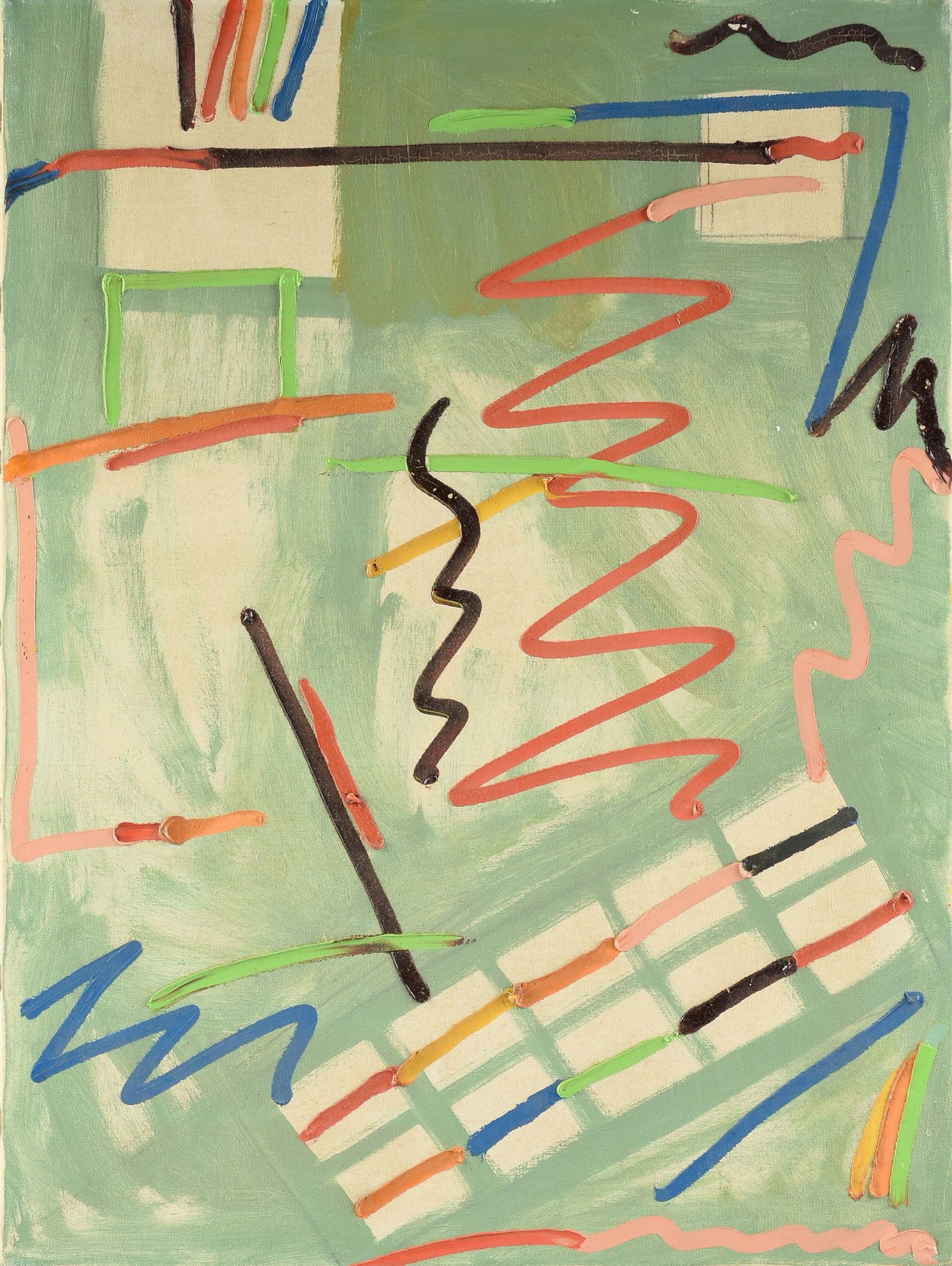 DICK WRAY (American/Texas 1933-2011) "Untitled with Lines and Curves," 1979, acrylic on canvas,: DICK WRAY (American/Texas 1933-2011) "Untitled with Lines and Curves," 1979, acrylic on canvas, signed and dated on reverse, "dick wray / 1979." 24" x 18"