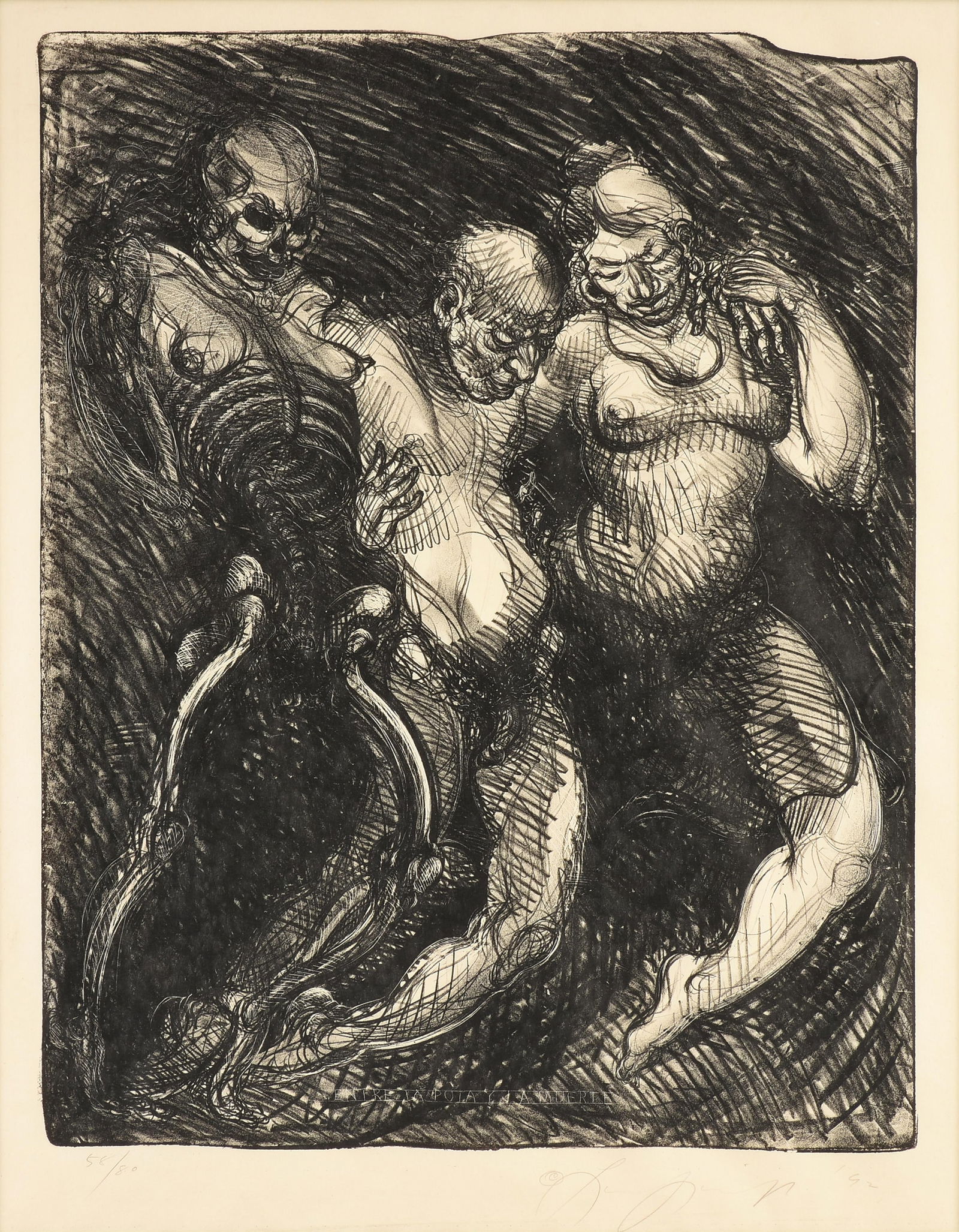 LUIS JIMENEZ (American 1940-2006) “Entre la Puta y la Muerte,” 1992, lithograph on: LUIS JIMENEZ (American 1940-2006) “Entre la Puta y la Muerte,” 1992, lithograph on paper, signed and dated L/R, "© Luis Jimenez Jr '92," and numbered L/L, "58/80." 31" x 24" Frame: 40