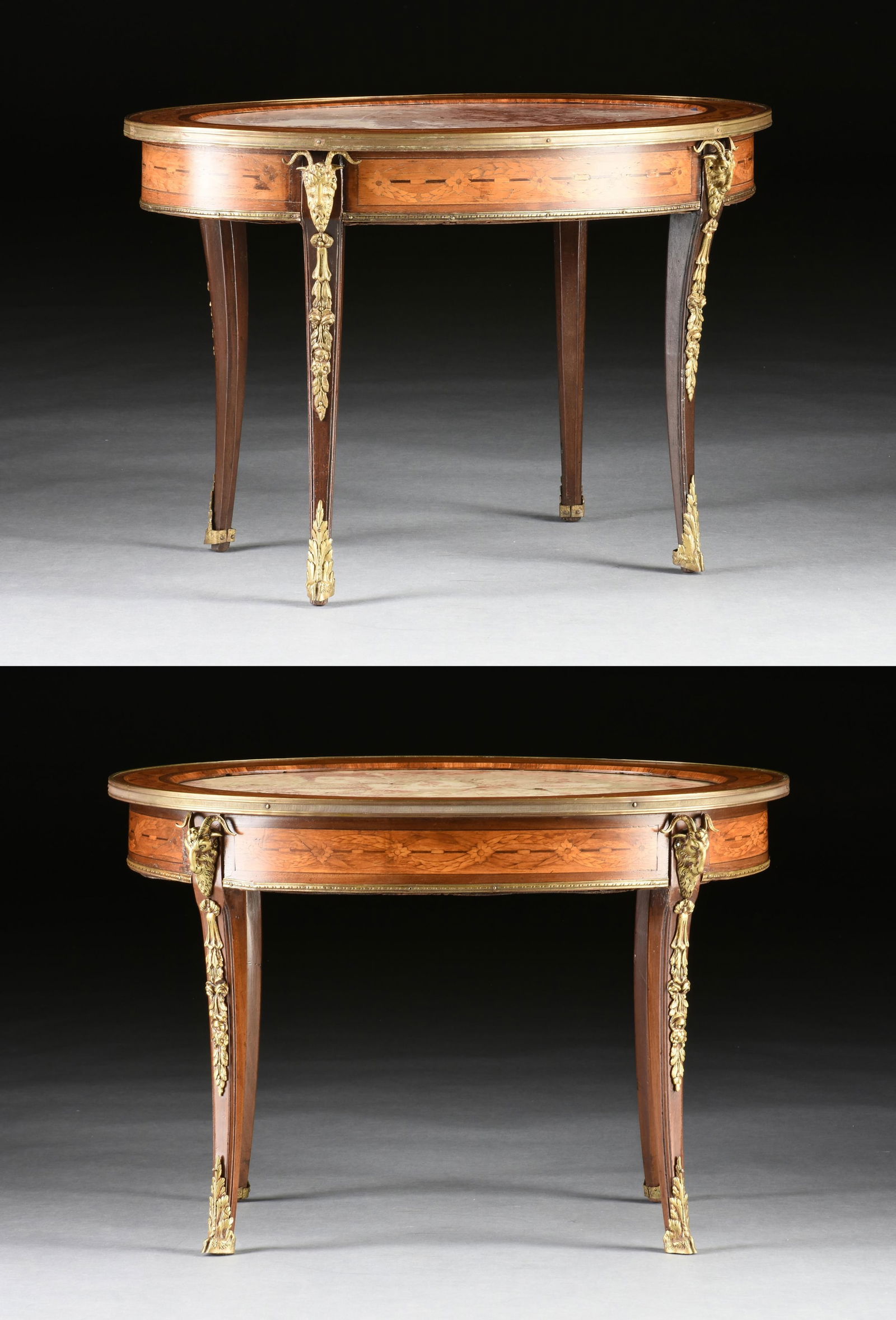 A PAIR OF LOUIS XIV STYLE OVAL SIDE TABLES, PROBABLY ITALIAN, CIRCA 1930s, inlaid and with marble (1 of 13)