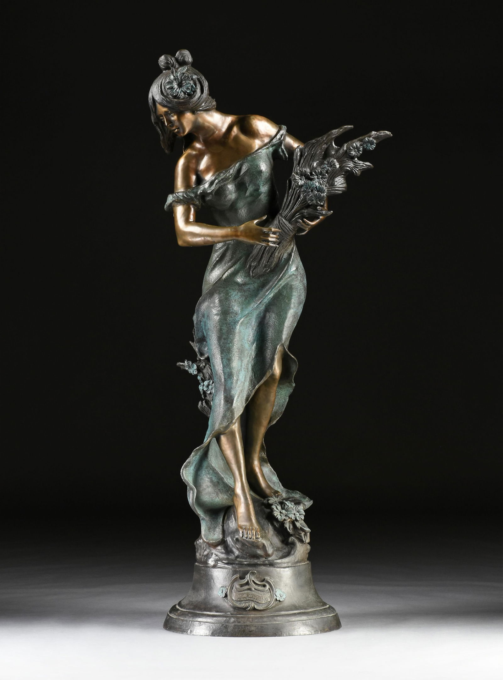 FRENCH SCHOOL, A LARGE BRONZE SCULPTURE OF A WOMAN HOLDING FLOWERS, LATE 20TH CENTURY, cast (1 of 20)