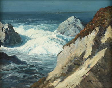 ROBERT WILLIAM WOOD (British/American 1889-1979) "Rocky Coast," 20TH CENTURY, oil on canvas, signed: ROBERT WILLIAM WOOD (British/American 1889-1979) "Rocky Coast," 20TH CENTURY, oil on canvas, signed L/R, "Robert Wood." 15 1/2" x 20" Frame: 27 1/2" x 31 1/2"