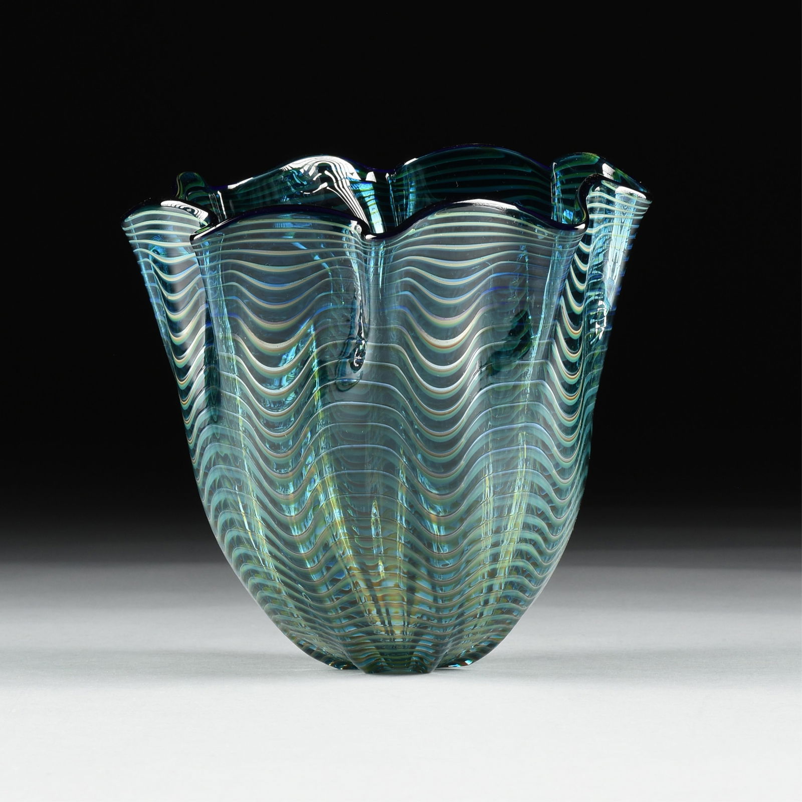 DALE CHIHULY (American b. 1941) "Seaform Vessel," 1997, blown glass, teal blue with deep blue lip (1 of 8)