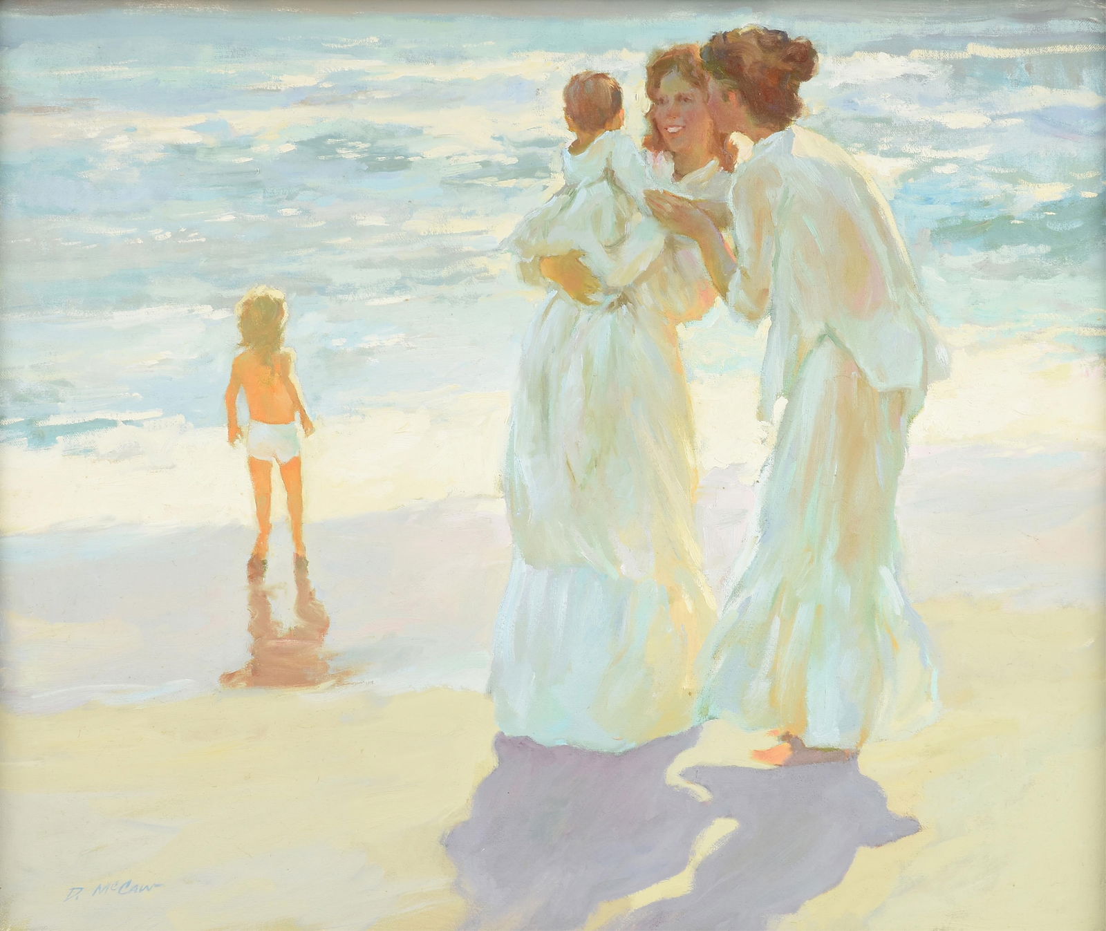 DAN MCCAW (American b. 1942) "Women with Children on the Beach," 20TH CENTURY, oil on canvas, signed: DAN MCCAW (American b. 1942) "Women with Children on the Beach," 20TH CENTURY, oil on canvas, signed L/L, "D. McCaw," with a label on reverse from Trailside Galleries, Scottsdale, Arizona. 30" x 36" F