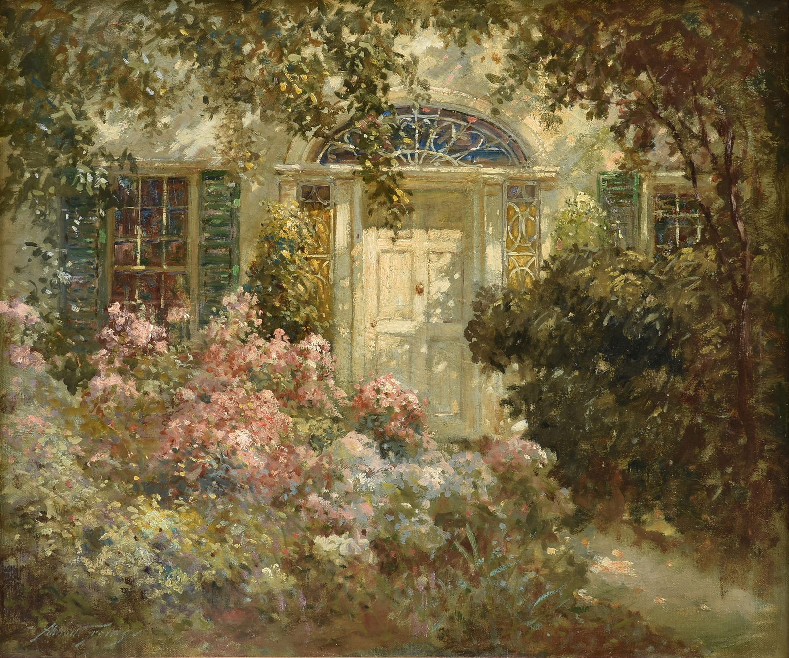 ABBOTT FULLER GRAVES (American 1859-1936) "Front Door with Garden Flowers," 20TH CENTURY, oil on: ABBOTT FULLER GRAVES (American 1859-1936) "Front Door with Garden Flowers," 20TH CENTURY, oil on canvas, signed L/L, "Abbott Graves." 20" x 24" Frame: 27" x 30 3/4"