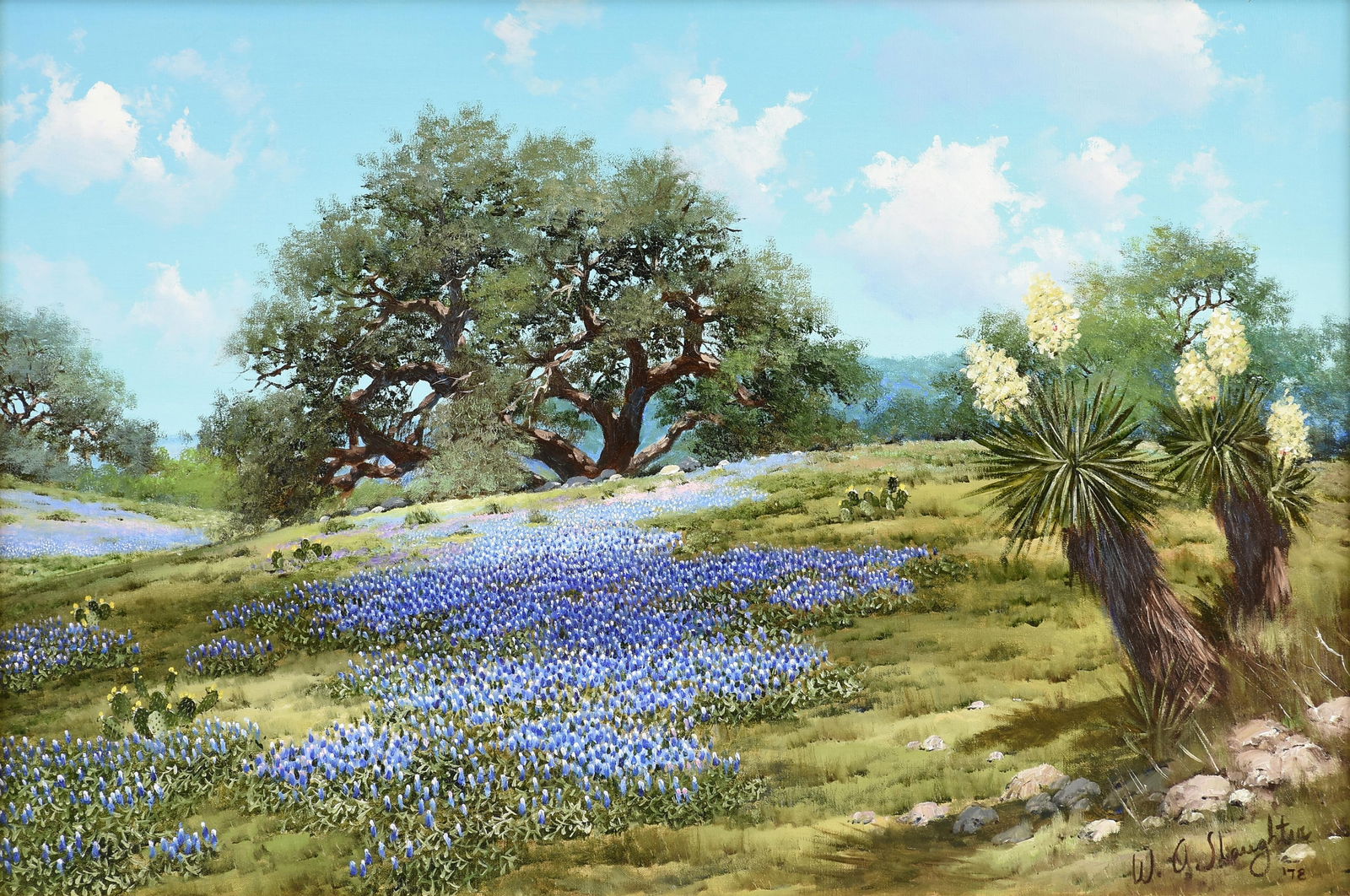 WILLIAM A. SLAUGHTER (American/Texas 1923-2003) "Bluebonnets, Oaks, and Yucca," 1978, oil on canvas,: WILLIAM A. SLAUGHTER (American/Texas 1923-2003) "Bluebonnets, Oaks, and Yucca," 1978, oil on canvas, signed and dated L/R, "W.A. Slaughter '78." 24" x 36" Frame: 31" x 43" Provenance: Collection of Bi
