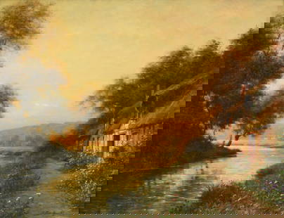 LOUIS ASTON KNIGHT (American 1873-1948) "Cottage by a River at Sunset," 20TH CENTURY, oil on canvas,: LOUIS ASTON KNIGHT (American 1873-1948) "Cottage by a River at Sunset," 20TH CENTURY, oil on canvas, signed L/R, "Aston Knight / Paris." 35" x 46" Frame: 43" x 53 1/2"
