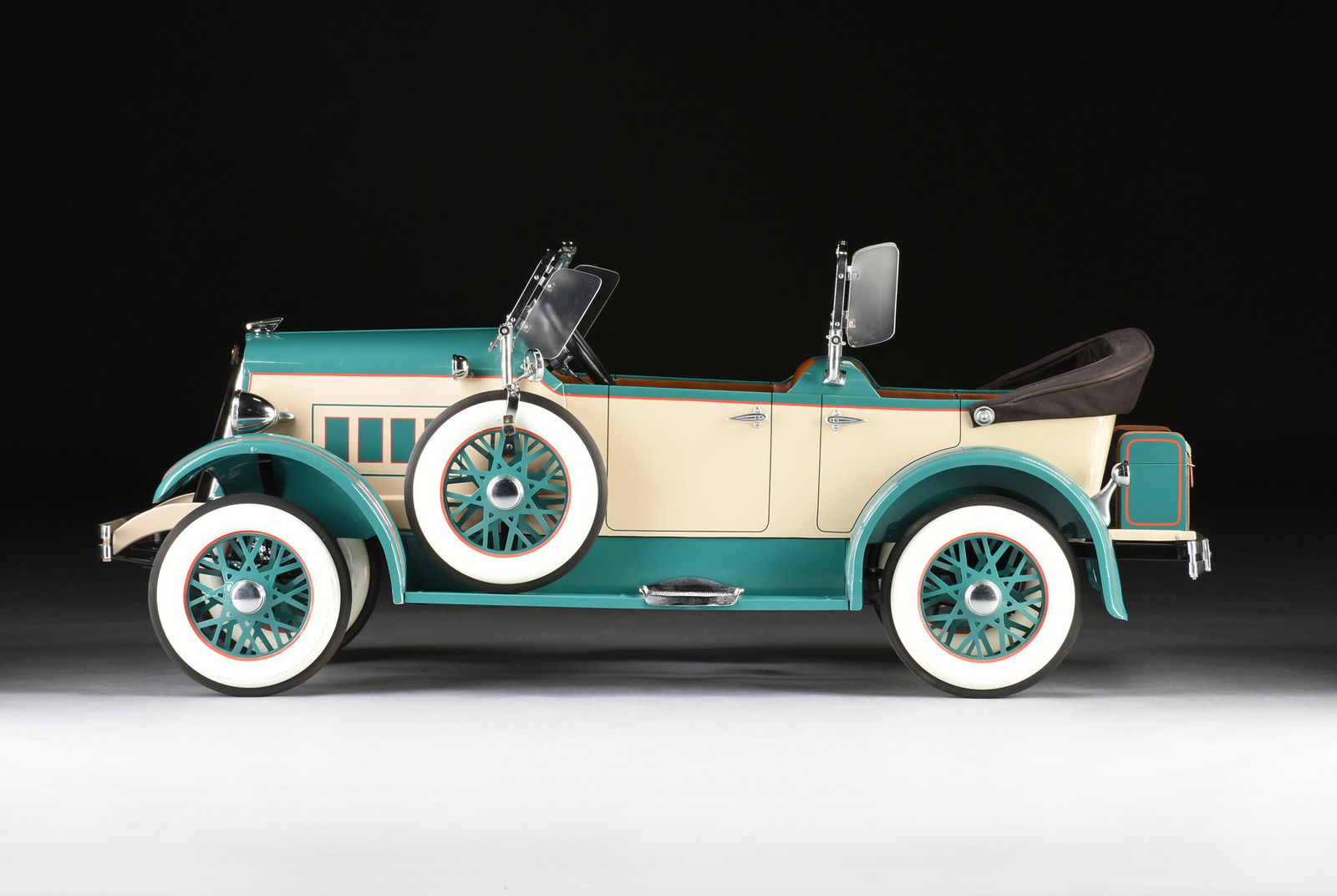 AN AMERICAN NATIONAL CO. LINCOLN TANDEM PEDAL CAR, AMERICAN, 1930s, painted metal with upholstered (1 of 11)