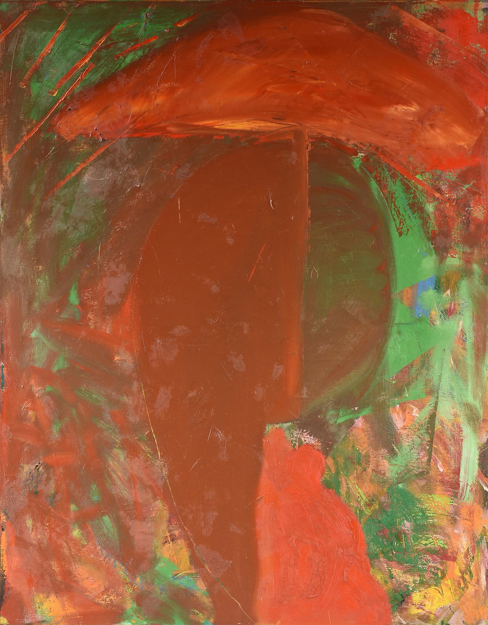 DICK WRAY (American 1933-2011) "Untitled with Red and Green," 1984, oil on canvas, signed and dated: DICK WRAY (American 1933-2011) "Untitled with Red and Green," 1984, oil on canvas, signed and dated on reverse, "dick wray / 1984," with a partial label from Moody Gallery, Houston, Texas, and an inve