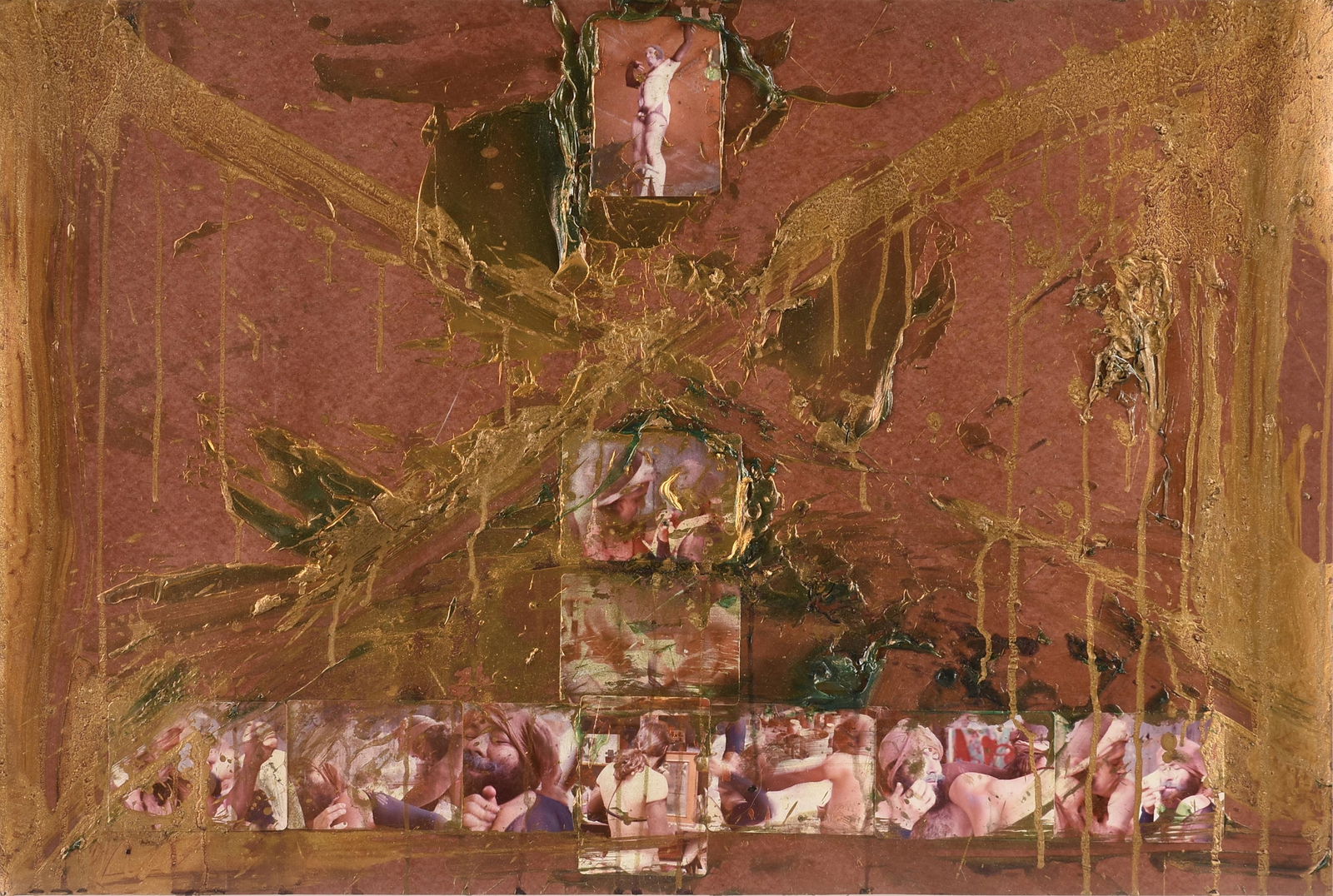 MICHAEL TRACY (American/Texas 1943-2024) “Caravaggio Notation-Fetish Series,” CIRCA: MICHAEL TRACY (American/Texas 1943-2024) “Caravaggio Notation-Fetish Series,” CIRCA 1977, mixed media with metallic paint, photo collage, and blood on paper, a label on reverse from Hiram