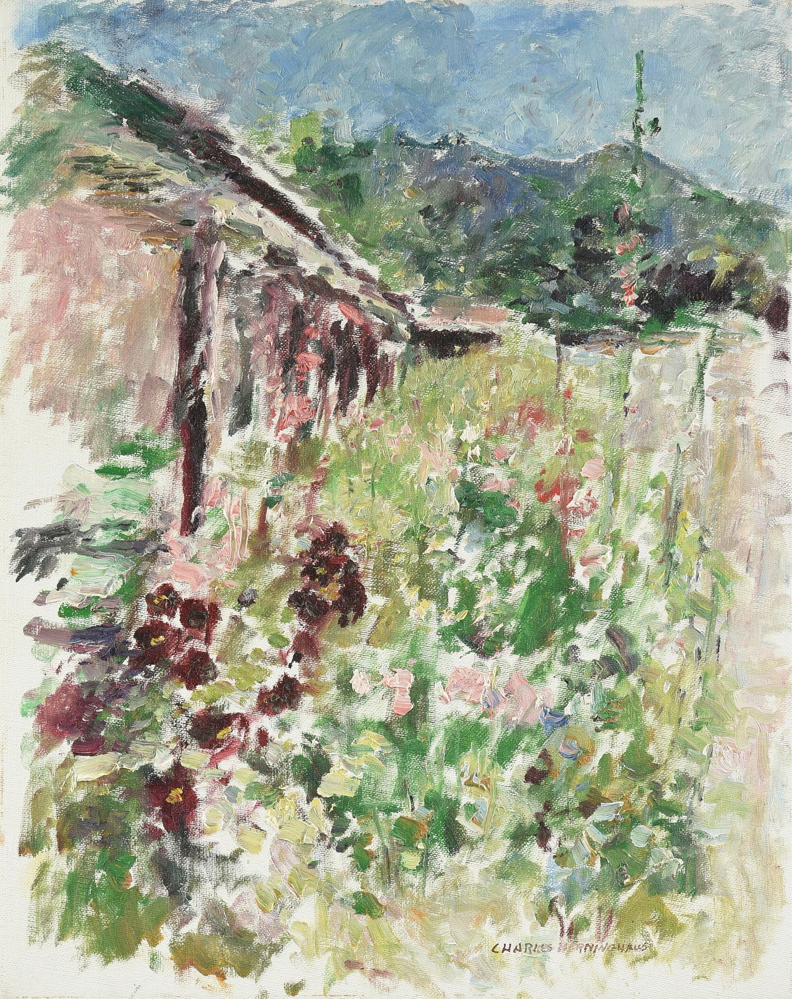 CHARLES BERNINGHAUS (American 1905-1988) "Taos Garden," 20TH CENTURY, oil on board, signed L/R, (1 of 16)