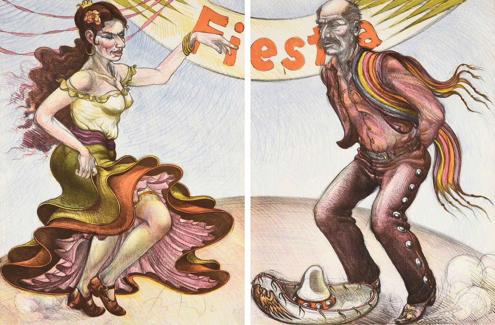 LUIS JIMENEZ (American 1940-2006) “Fiesta I” and “Fiesta II,” 1985, diptych: LUIS JIMENEZ (American 1940-2006) “Fiesta I” and “Fiesta II,” 1985, diptych of two separate lithographs on paper, each signed and dated L/R, "Luis Jimenez Jr 85," and numbered